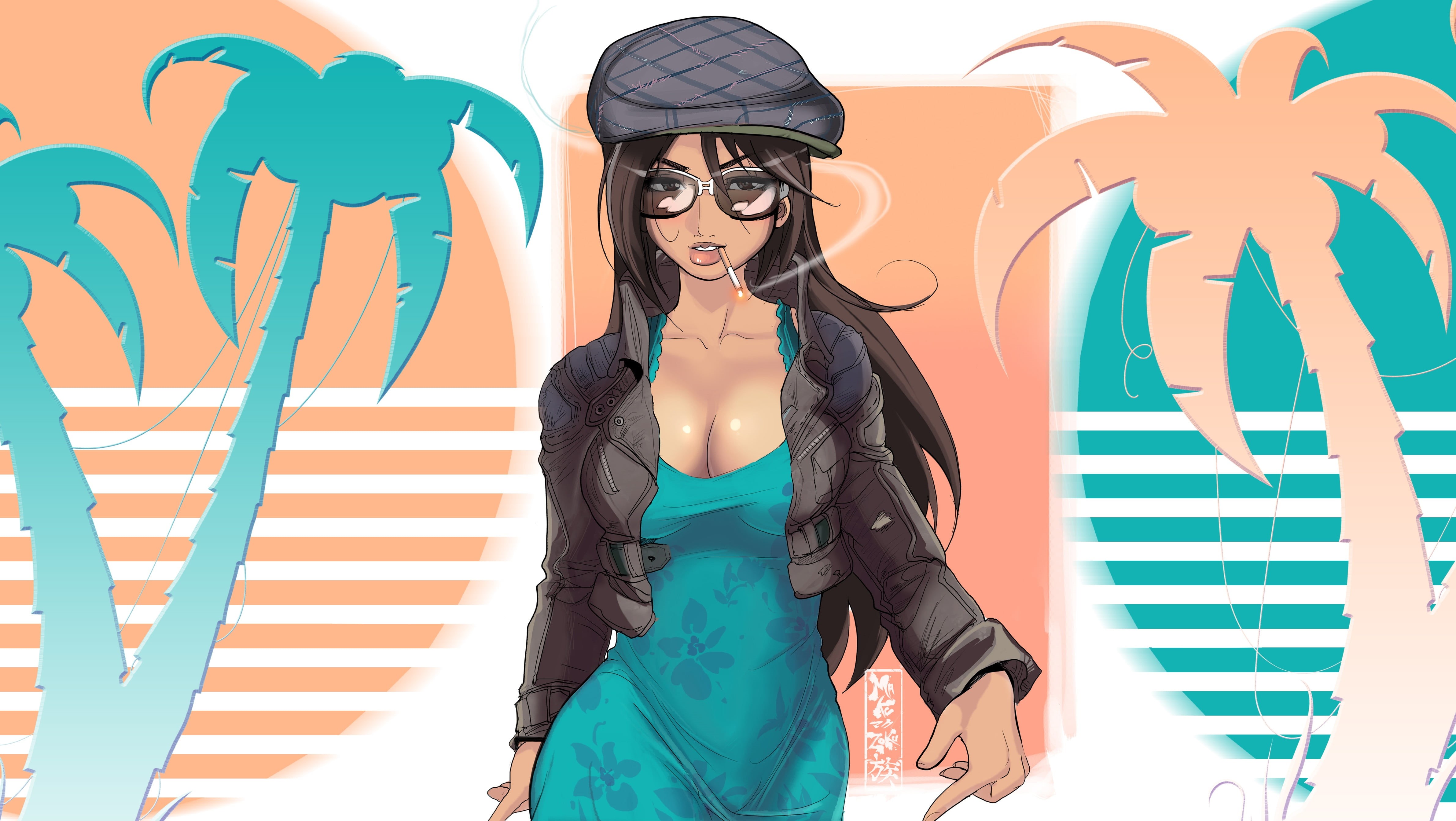 4K, madeinkipish, Synthwave, Girl, Art, Synth, Palm trees, Comic Art, by Maku Zoku, Figure, Cigarette, Maku Zoku, Retrowave, Orange and Teal, HD Wallpaper