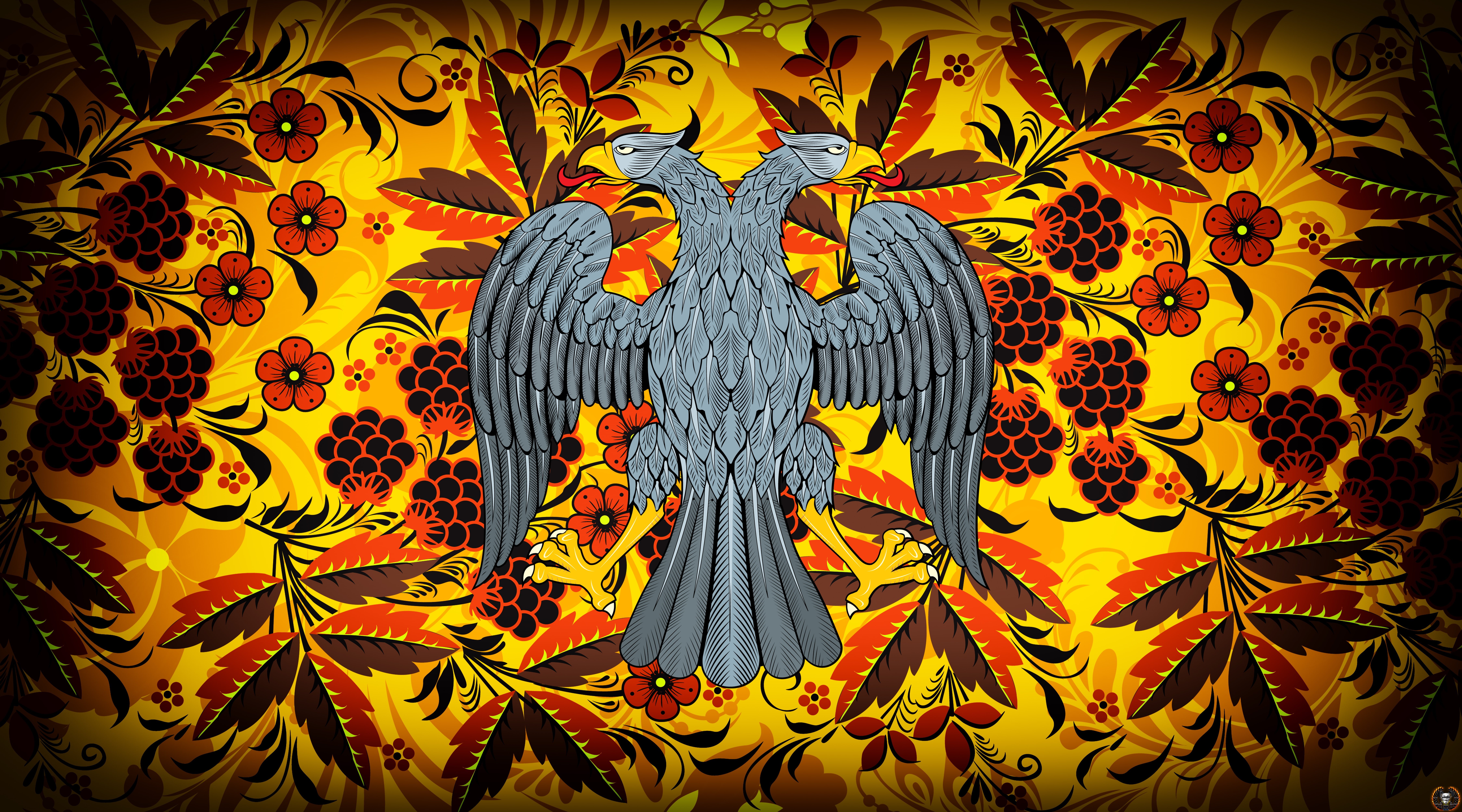 Painting, Ivan Ivanovich, Art, the coat of arms RDFR, Background, Bird, Coat of arms, Double-headed eagle, 8K, Khokhloma painting, Eagle, madeinkipish, HD Wallpaper