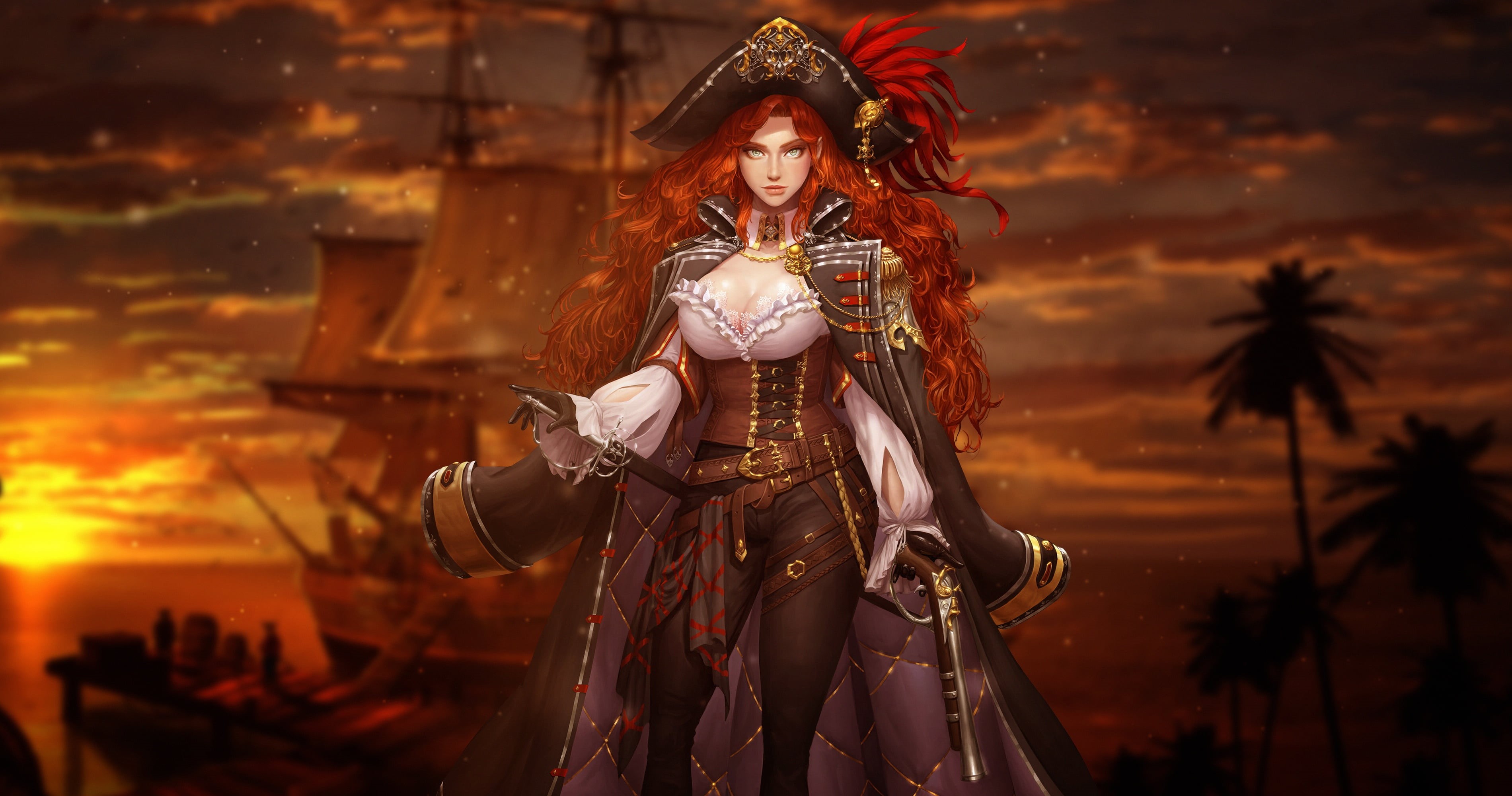 Jetty, Girl, Art, Sunset, Beautiful, Pirates, Muel Kim, Sails, Sexy, Ship, Cocked hat, Pier, Sword, Tricorne, Redhead, Sailboat, Beauty, Sailor, 2K, Red, HD Wallpaper