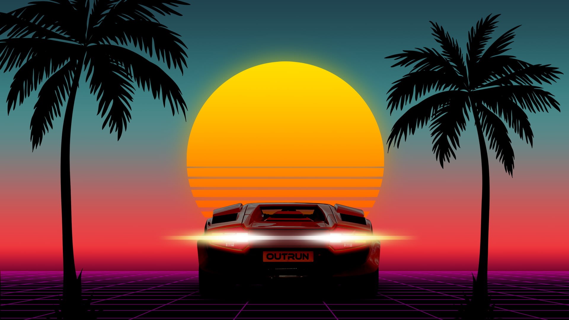 8-bit, car, palm trees, sunset, OutRun, 1980s, 80s, neon, 1080P, Lamborghini, HD Wallpaper