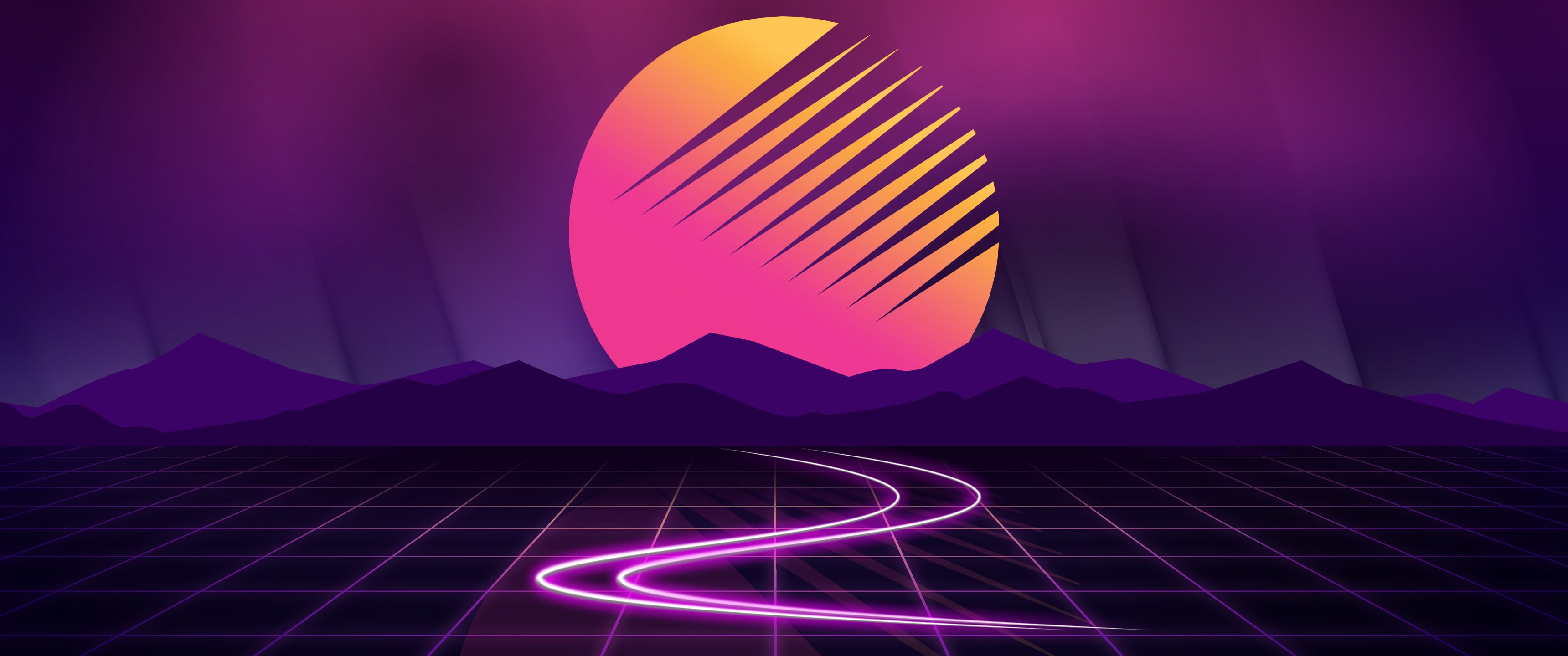 Neon, purple, yellow, illustration, HD, Mountains, 2K, Moon, Outrun, Cyberwave, hills, HD Wallpaper