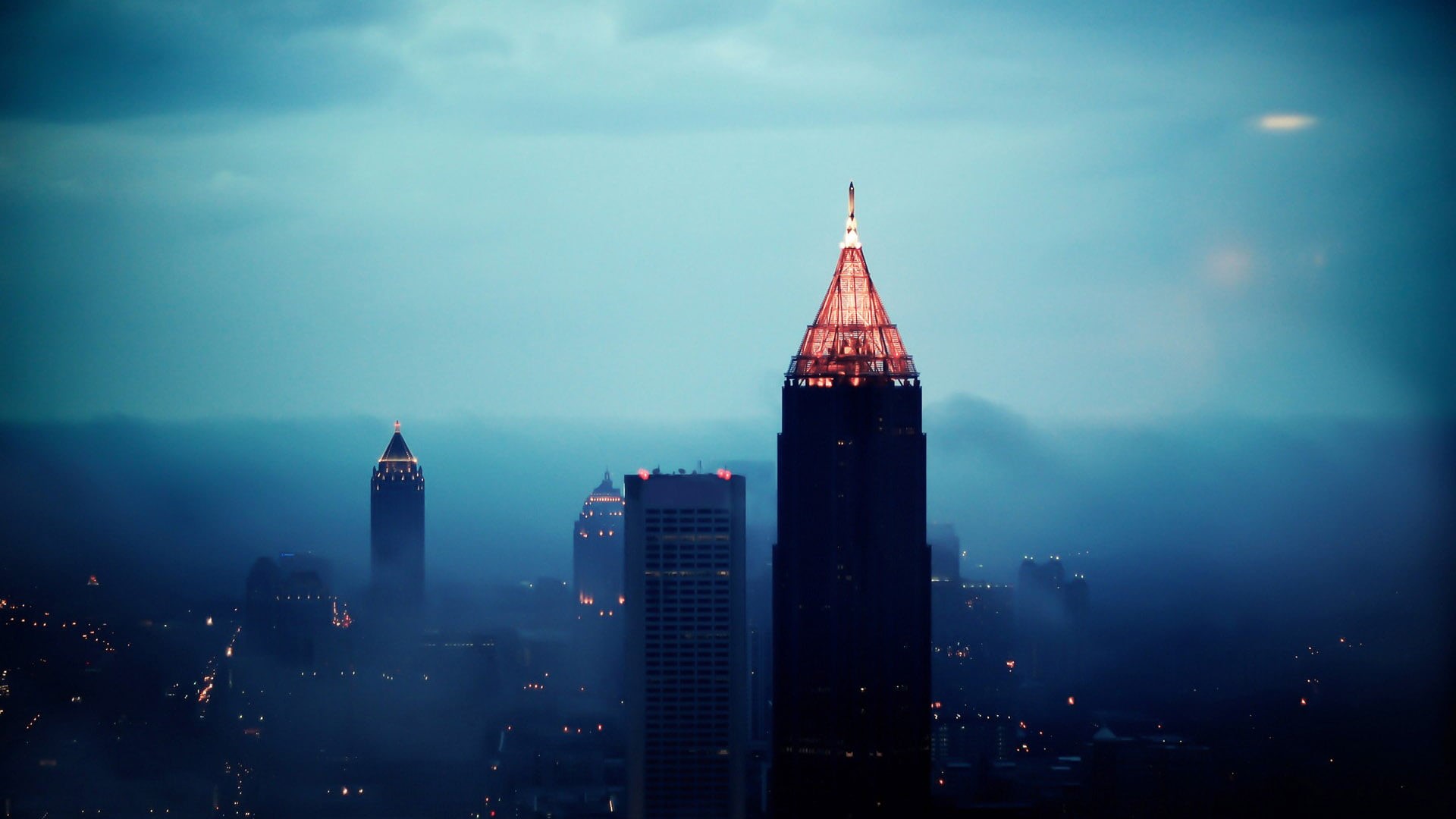 famous, dusk, downtown, pop bottle, sky, landmark, new, buildings, illuminated, built structure, landscape, skyline, cloud - sky, cityscape, spire, building, HD Wallpaper