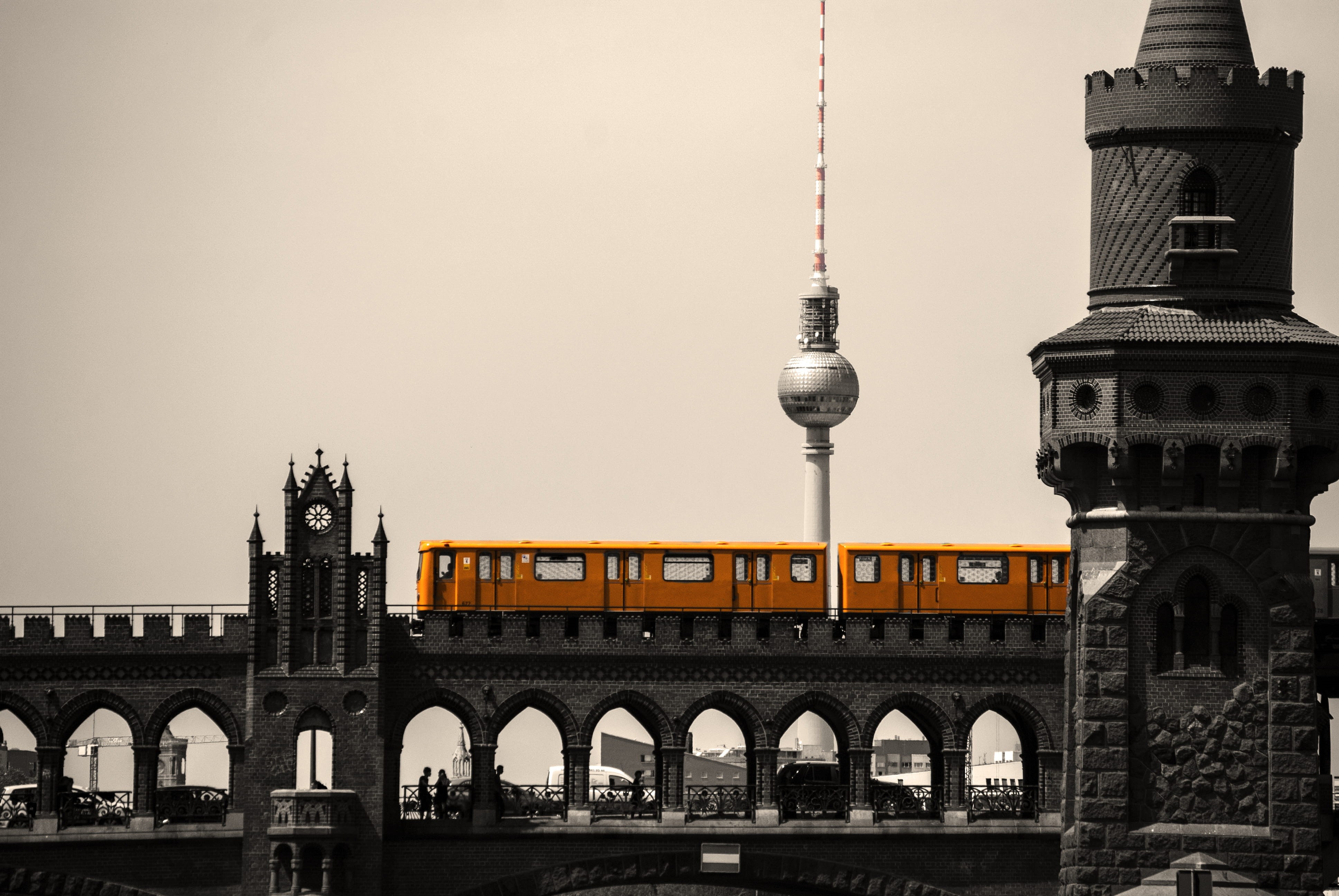 building, city, germany, communication, tall - high, bridge, popped, travel, tower, spire, sky, skyscraper, river, tourism, train, building exterior, nature, HD Wallpaper