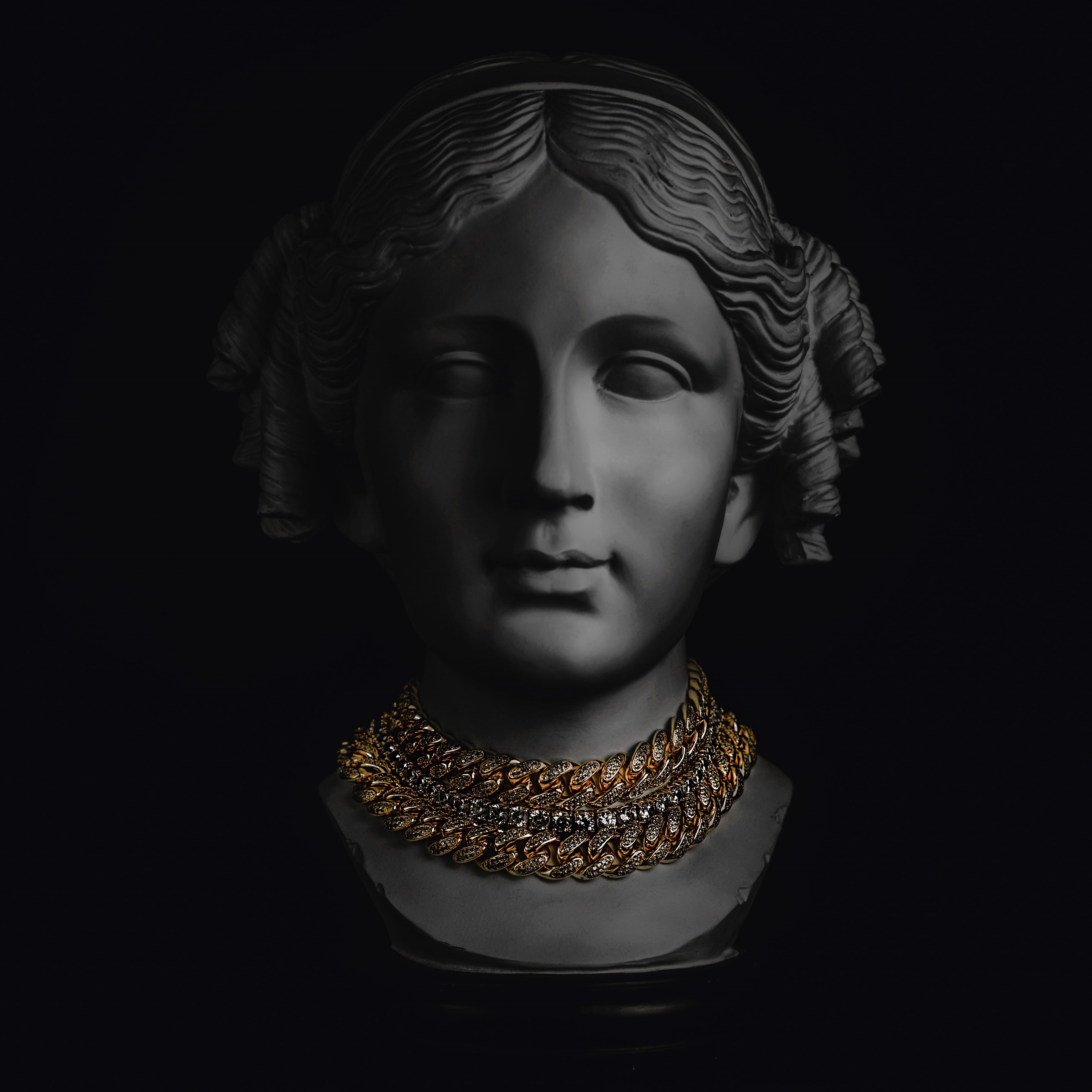 ornate, black background, pose, head, studio, cut out, art, photoshoot, portrait, front view, sculpture, gold, necklace, girl, white, bust, diamonds, female, Phone HD Wallpaper