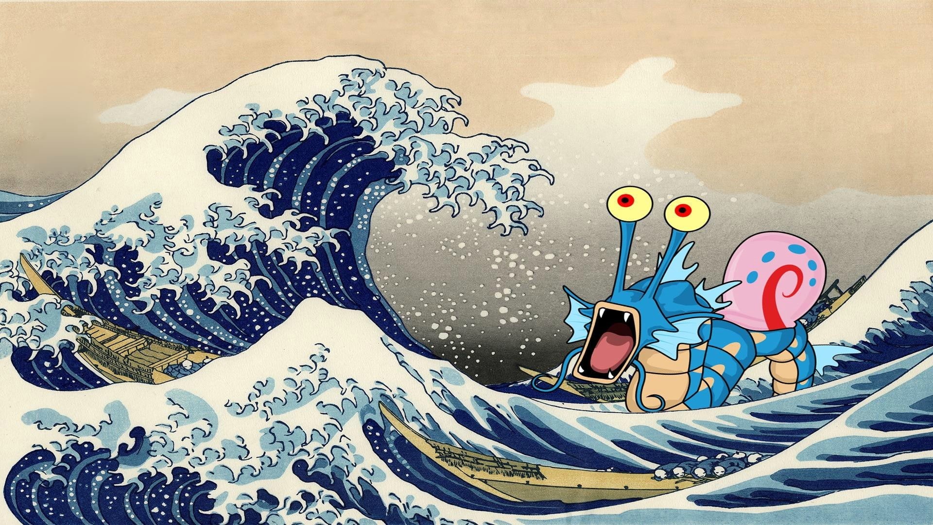 Gary, 1080P, humor, Gyarados, The Great Wave off Kanagawa, HD Wallpaper
