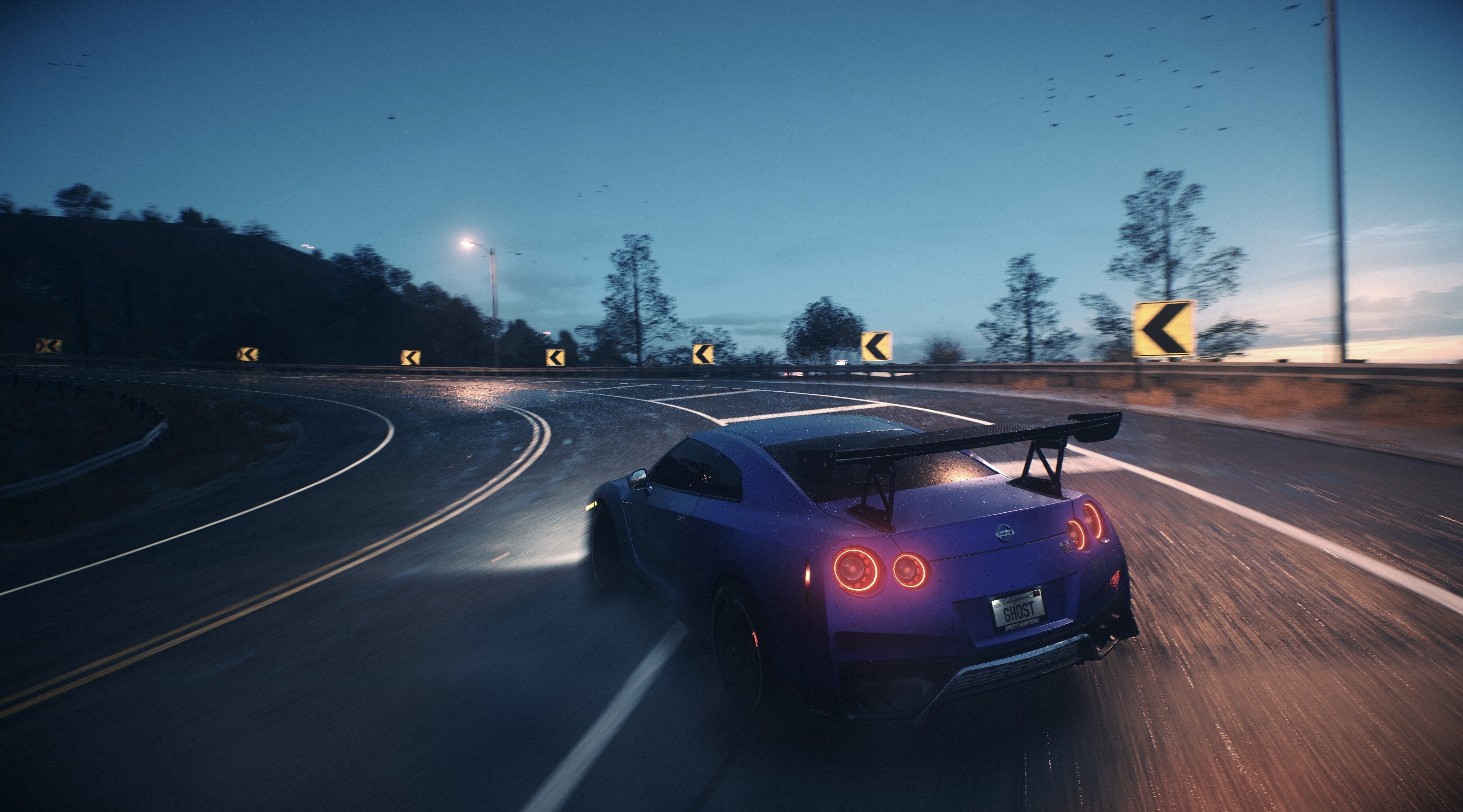 outdoors, Need For Speed, cars, nissan, blue, 4K, land vehicle, gtr, road, coupe, dusk, Games, r, sign, car, transportation, night, motion, the way forward, HD Wallpaper