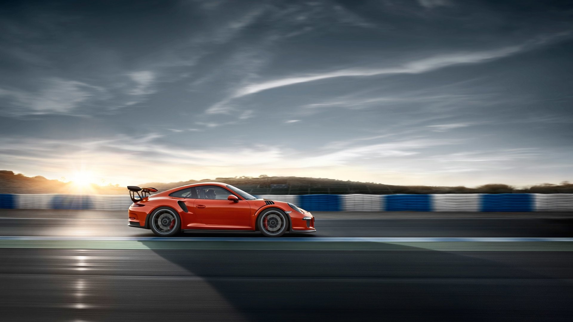motion, transportation, digital composite, Vehicle, motor vehicle, day, sunlight, on the move, outdoors, road, racecar, Porsche 911 GT3, Orange Car, Porsche, HD Wallpaper