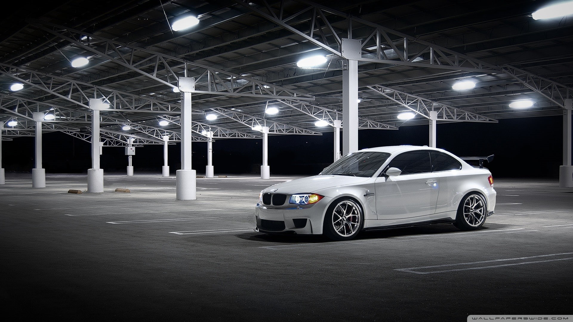 garage, architecture, luxury, mode of transportation, sports car, E82, silver colored, bmw, night, 1080P, transportation, parking lot, stationary, motor vehicle, HD Wallpaper