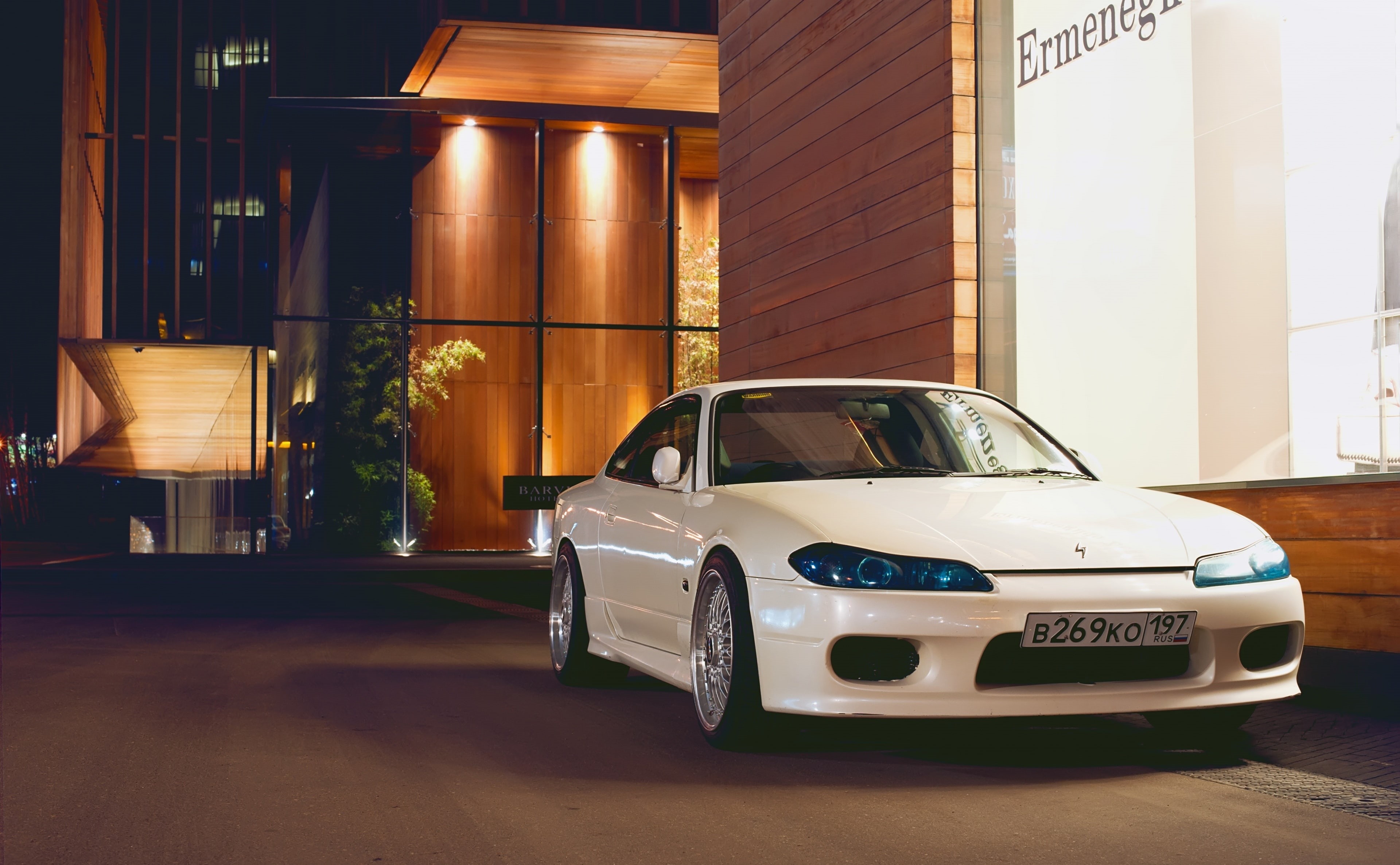 land vehicle, city, street, architecture, night, Nissan, built structure, Silvia, Cars, building, 4K, s, no people, white, text, coupe, building exterior, HD Wallpaper