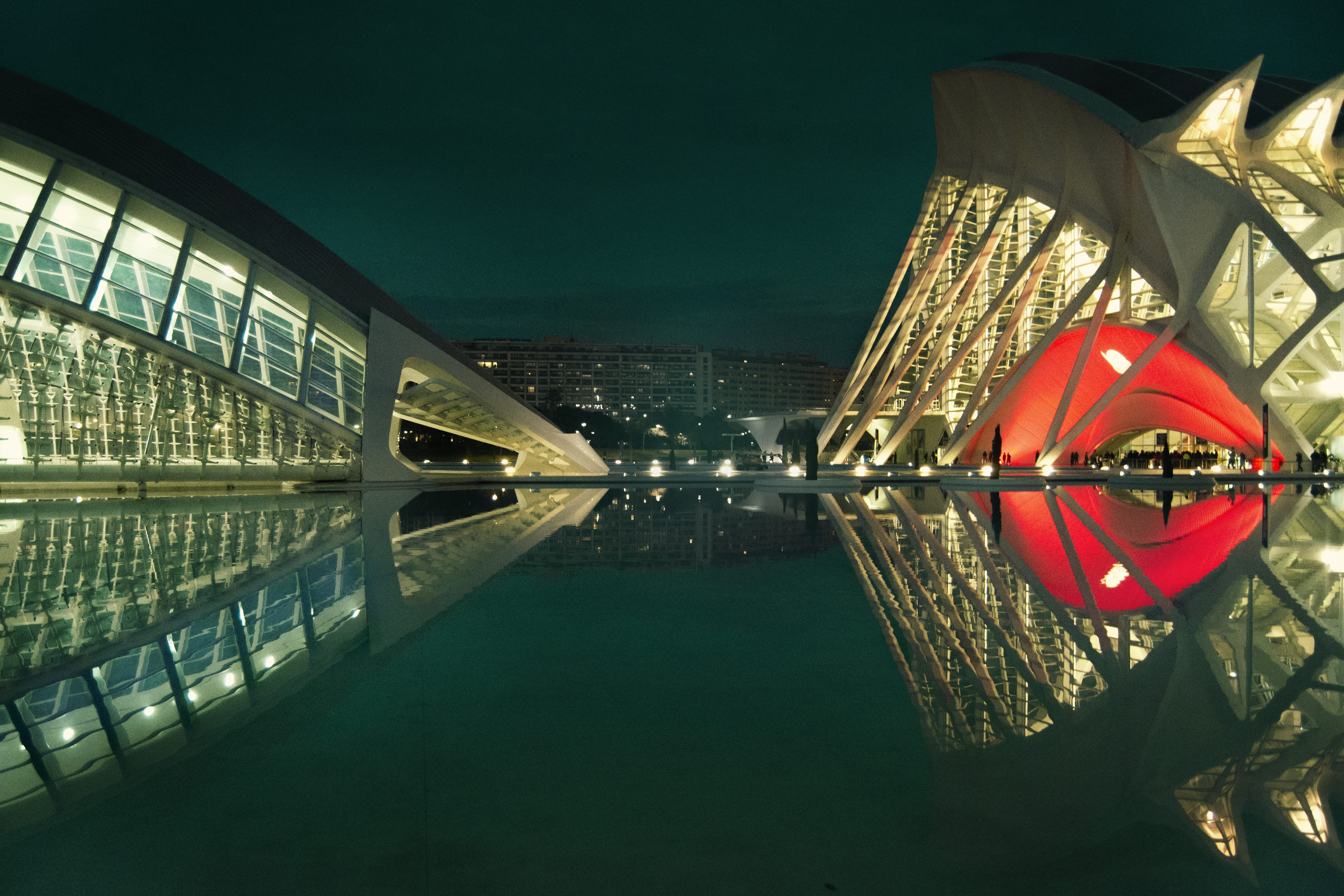 4K, no people, modern, water, building exterior, day, outdoors, reflection, ciencias, calatrava, sky, architecture, shape, lake, valència, travel destinations, HD Wallpaper