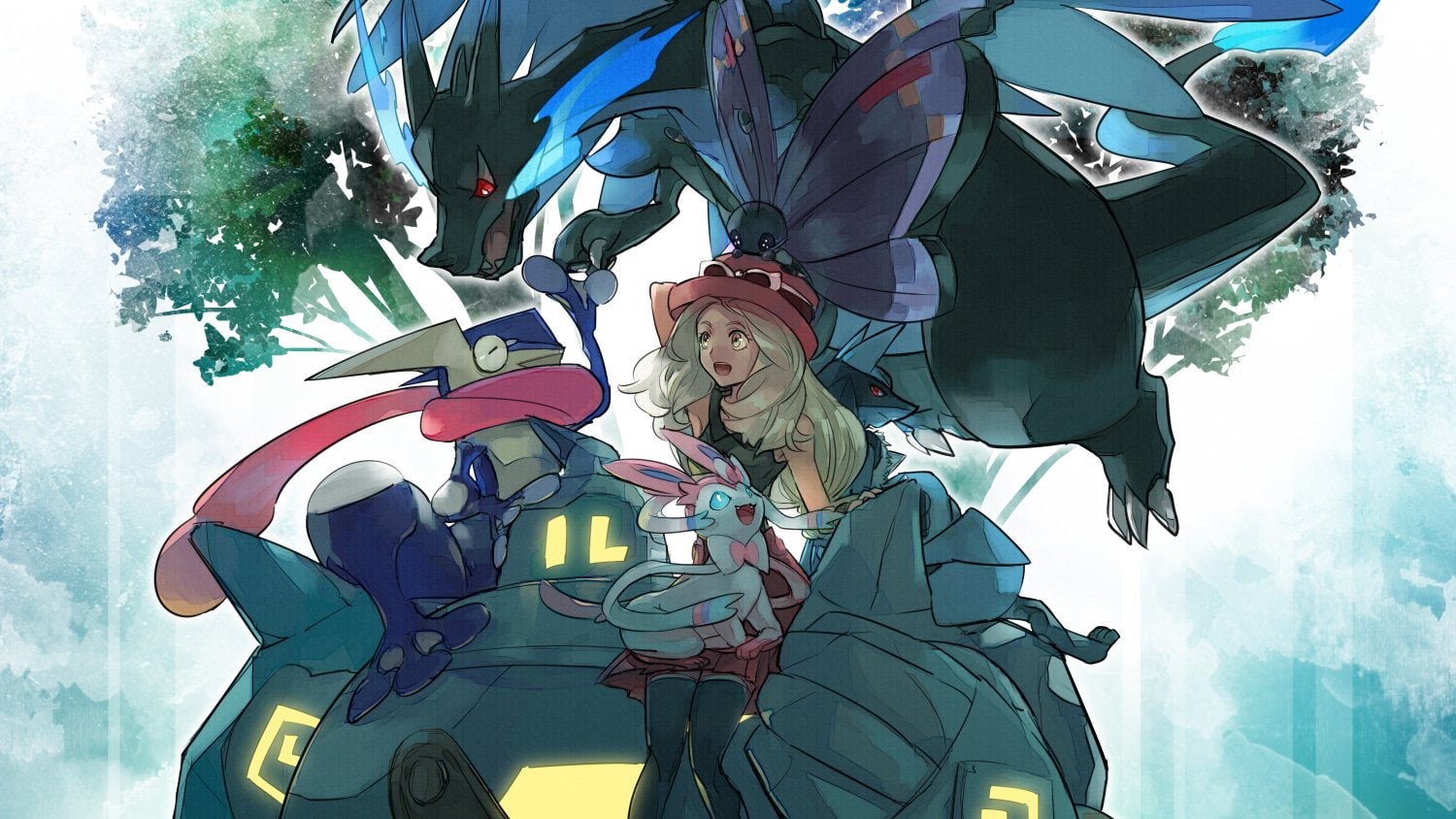 Vivillon (Pokémon), Tail, Glowing Eyes, Pokémon, Lucario (Pokémon), Sitting, Hat, Girl, Blue Eyes, Thigh Highs, Serena (Pokémon), 720P, Long Hair, Red Eyes, HD Wallpaper
