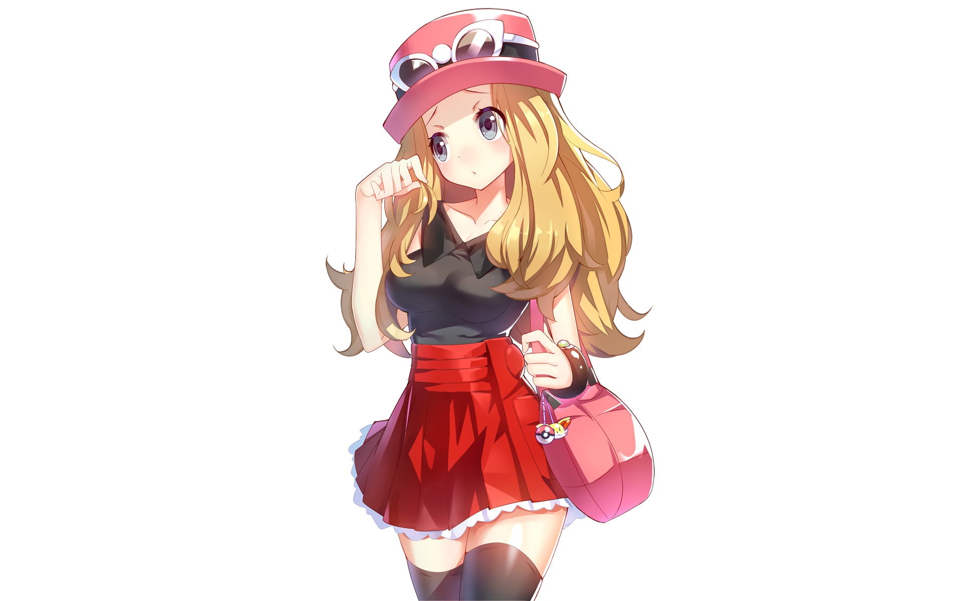 Thigh Highs, representation, Serena (Pokémon), red, Girl, Skirt, white background, Pokemon: X and Y, male likeness, Long Hair, three quarter length, Blue Eyes, HD Wallpaper