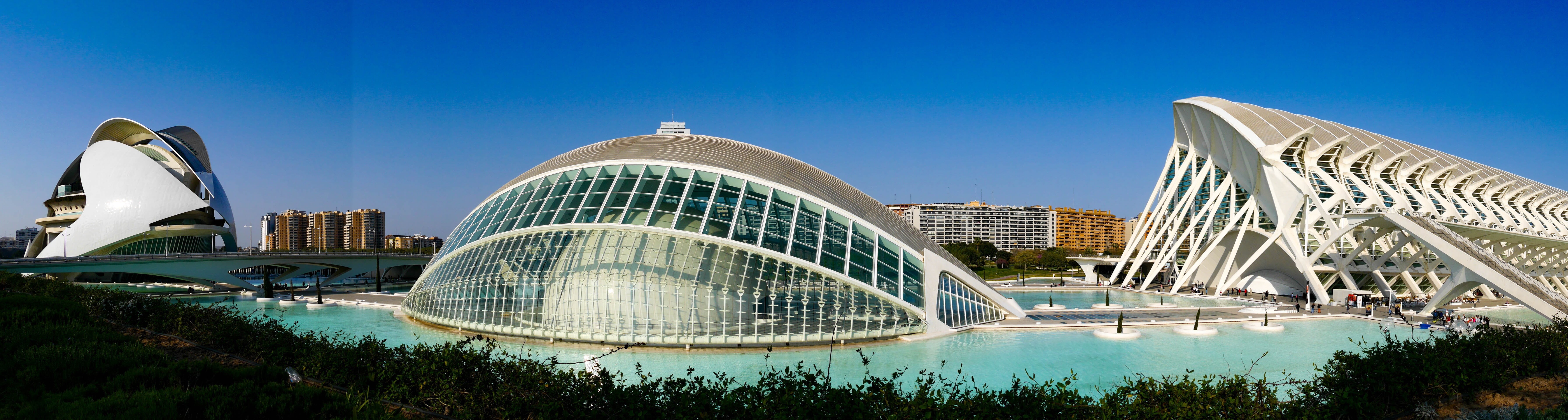 skyscraper, travel, calatrava, office building exterior, ciudad, clear sky, cityscape, building exterior, spain, bridge - man made structure, nature, blue, HD Wallpaper
