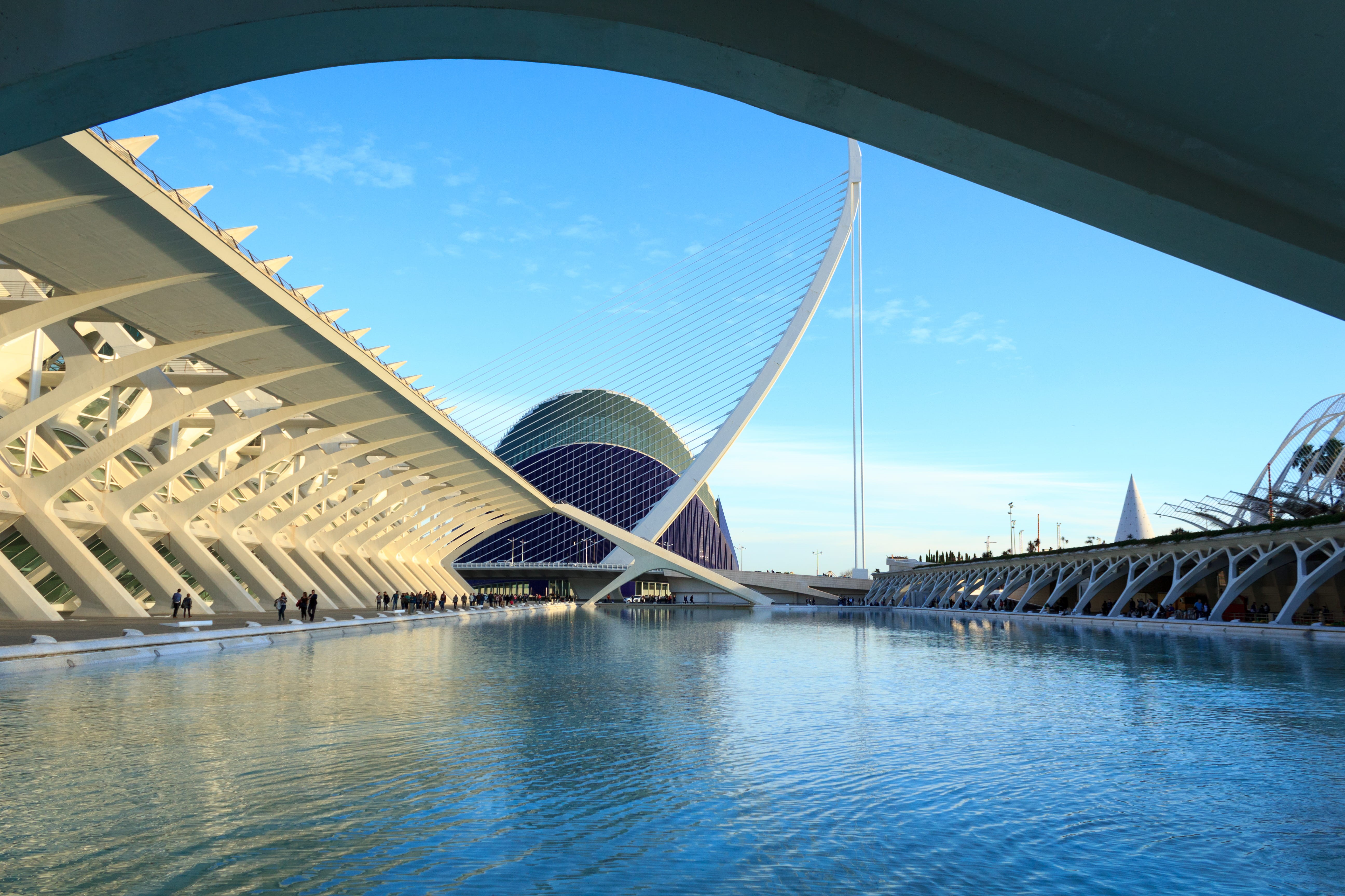 outdoors, travel, nature, city, building, architecture, river, sky, modern, blue sky, design, city of arts and sciences, reflection, water, people, blue, HD Wallpaper