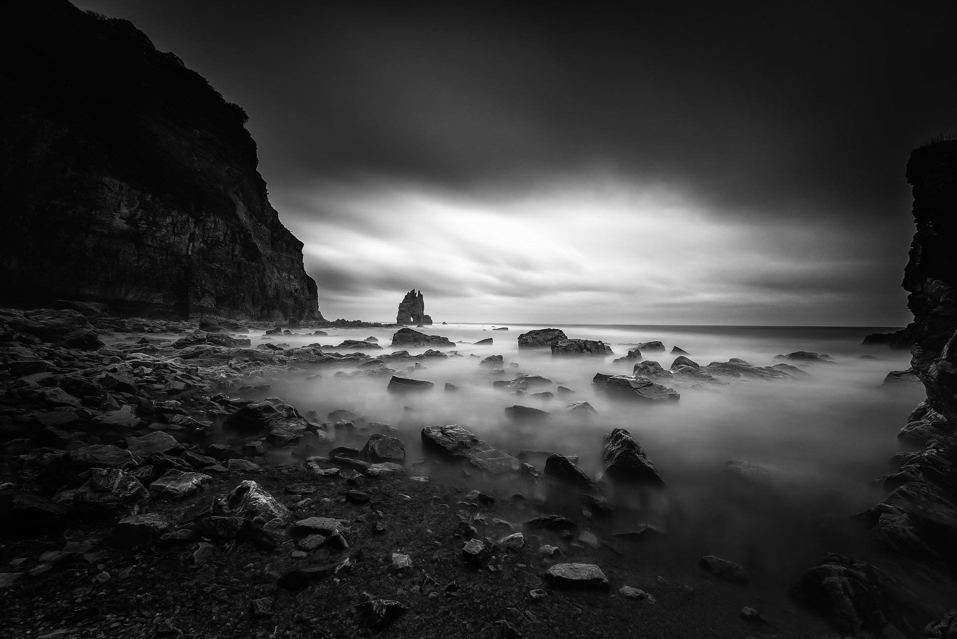 black And White, long exposure, outdoors, sunrise, rock - Object, landscape, fog, grayscale, travel, coastline, nikon d800e, asturias, nature, photo, blanco y negro, HD Wallpaper