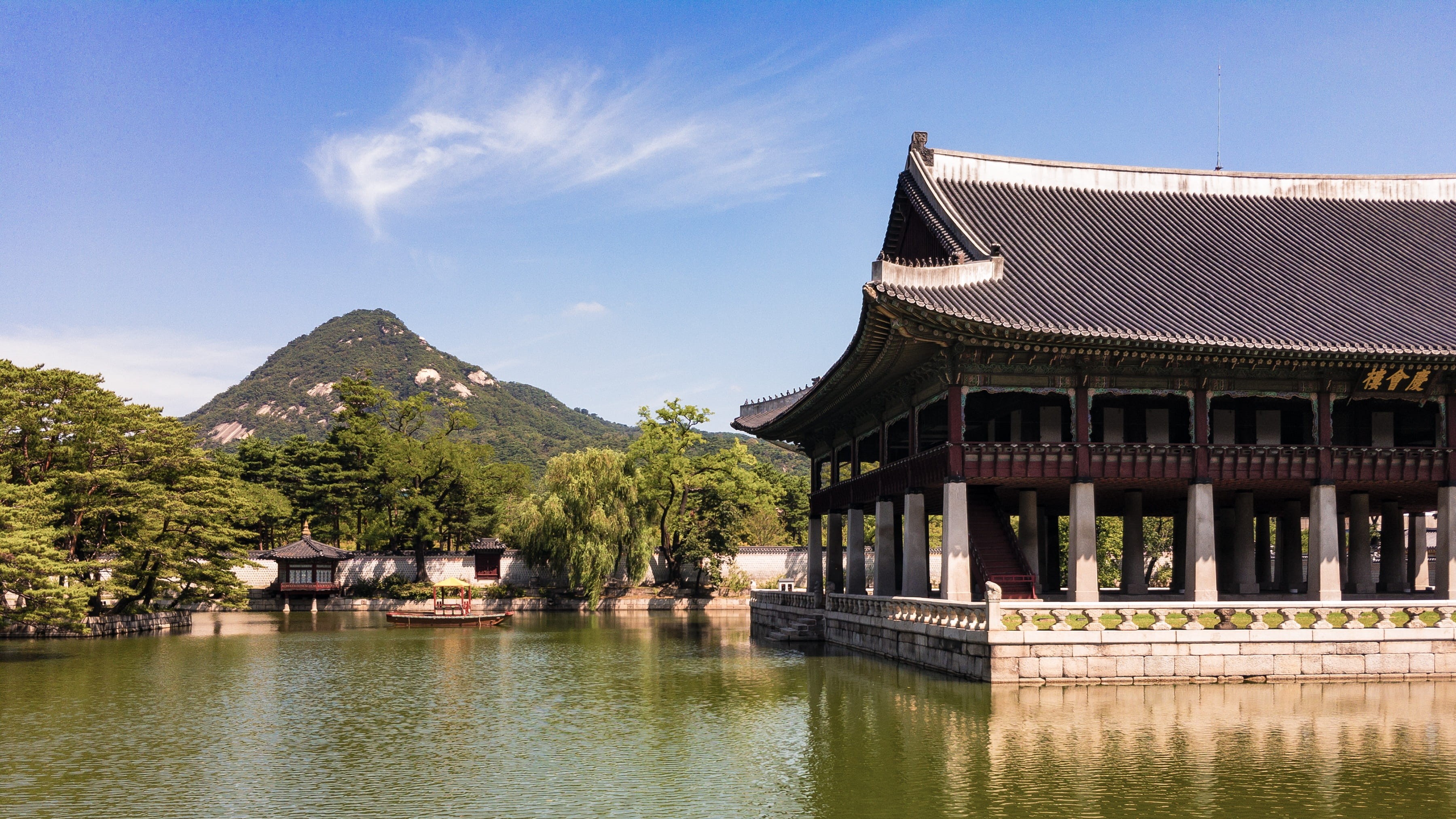 waterfront, day, tree, mountain, tradition, travel, building exterior, built structure, no people, nature, seoul, travel destinations, building, architecture, HD Wallpaper