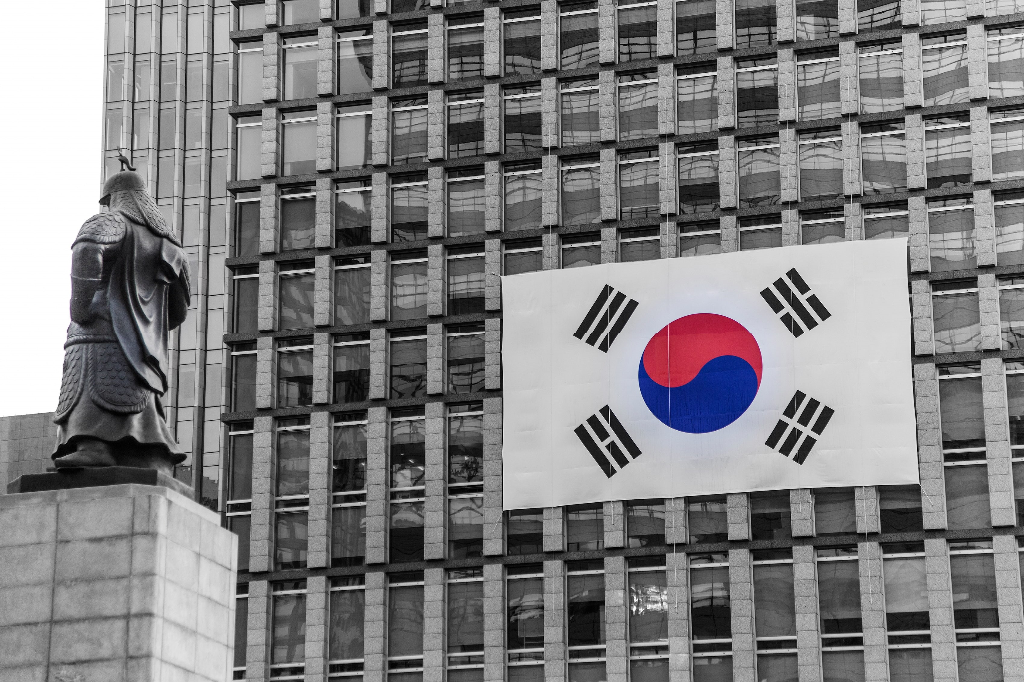modern, skyscraper, office building exterior, city, communication, architecture, South Korea, building exterior, outdoors, no people, Asian, symbol, flag, HD Wallpaper