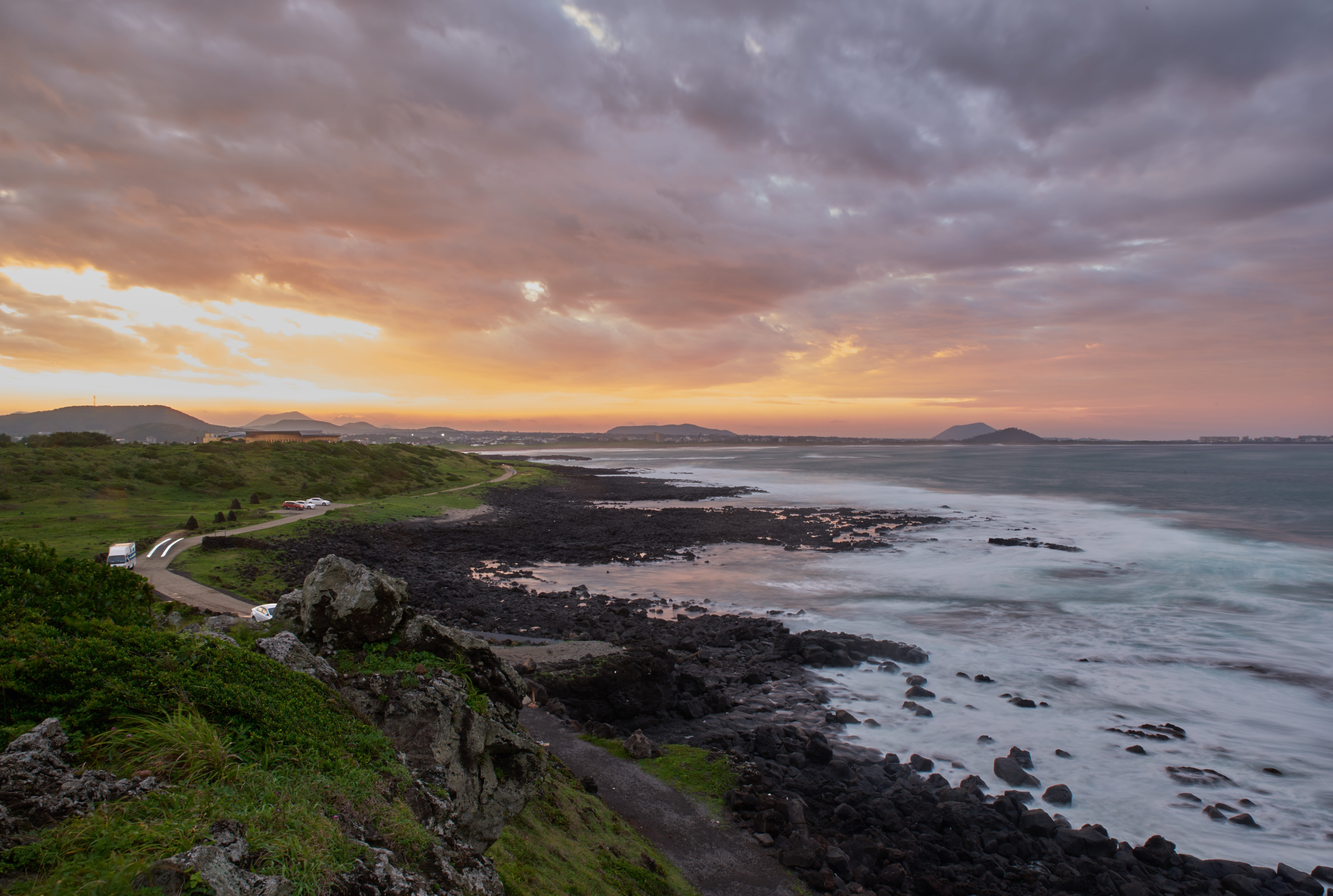 5K, travel, sea, outdoors, waves, idyllic, mountain, jeju, tranquility, beach, sunset, water, tourism, cloud, nature, beauty in nature, scenics - nature, HD Wallpaper