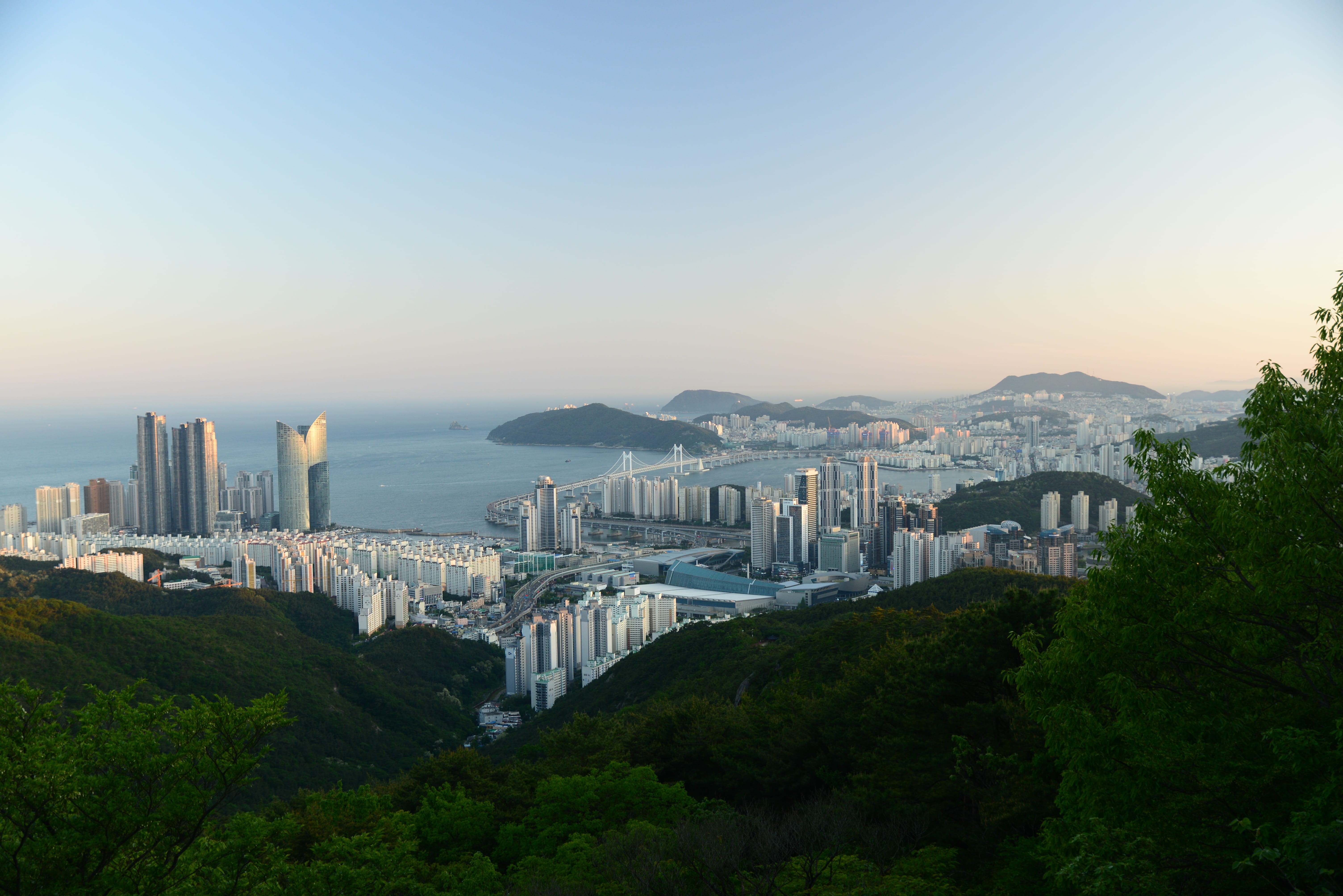 city, busan, built structure, water, 5K, building exterior, building, travel destinations, mountain, clear sky, skyscraper, outdoors, high angle view, HD Wallpaper