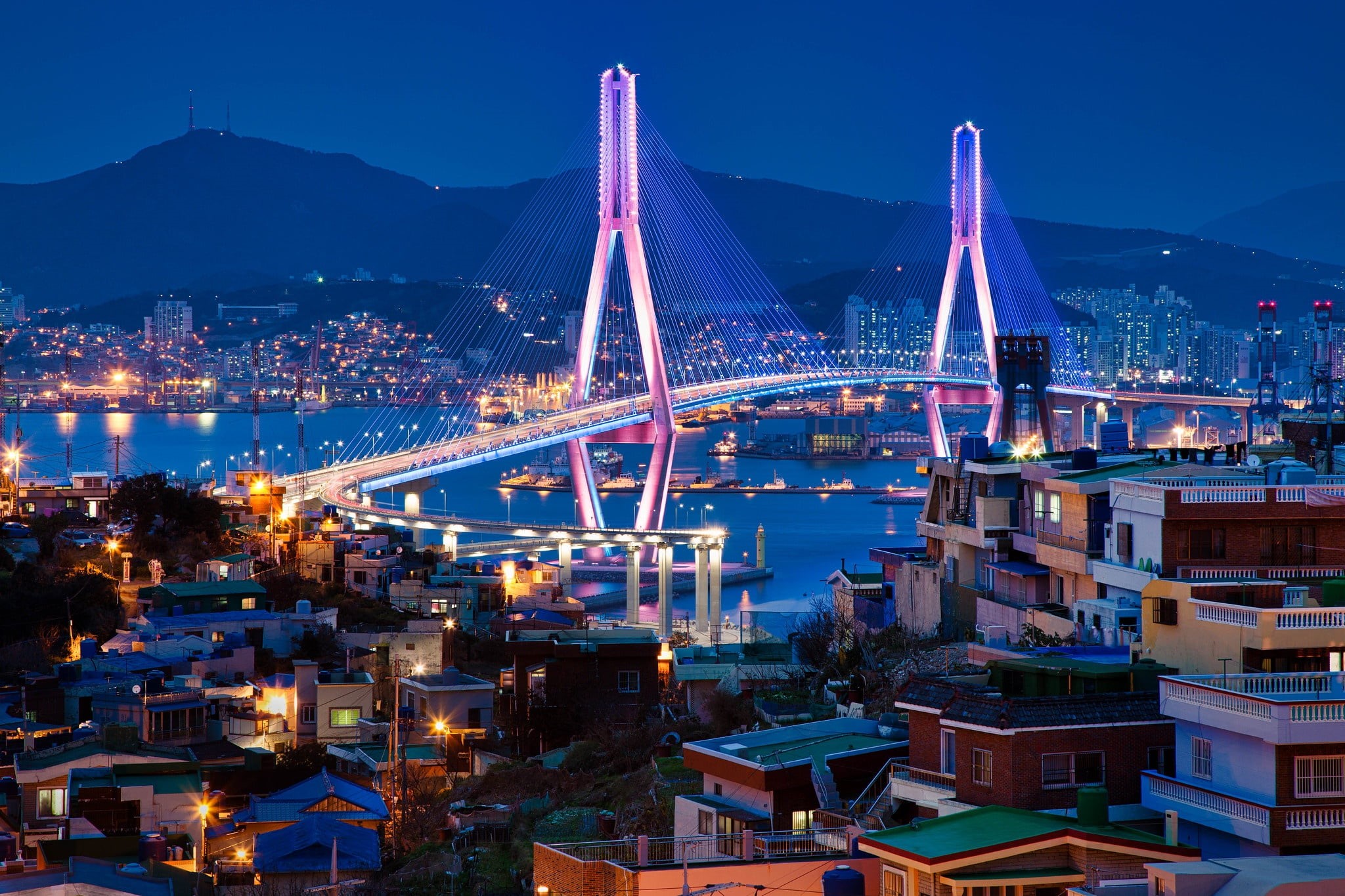 Bridge Pasangan, Busan Bay, 1080P, Busan Harbor Bridge, building, home, night city, South Korea, The Republic Of Korea, Busan, Bay Pushman, Bay, bridge, HD Wallpaper