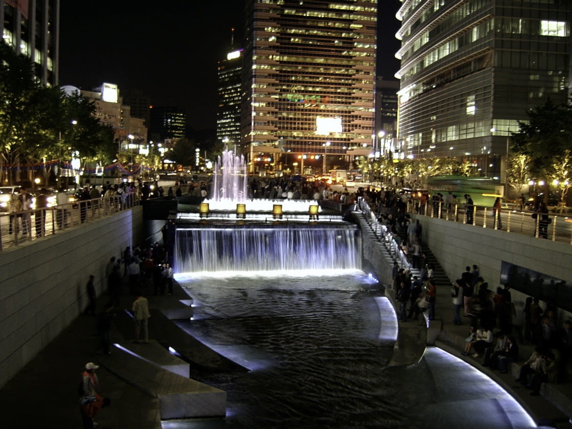 korea, Cheonggyecheon, water, nature, lights, night, office building exterior, 480P, street, south, Cheonggyecheon night, architecture, large group of people, HD Wallpaper