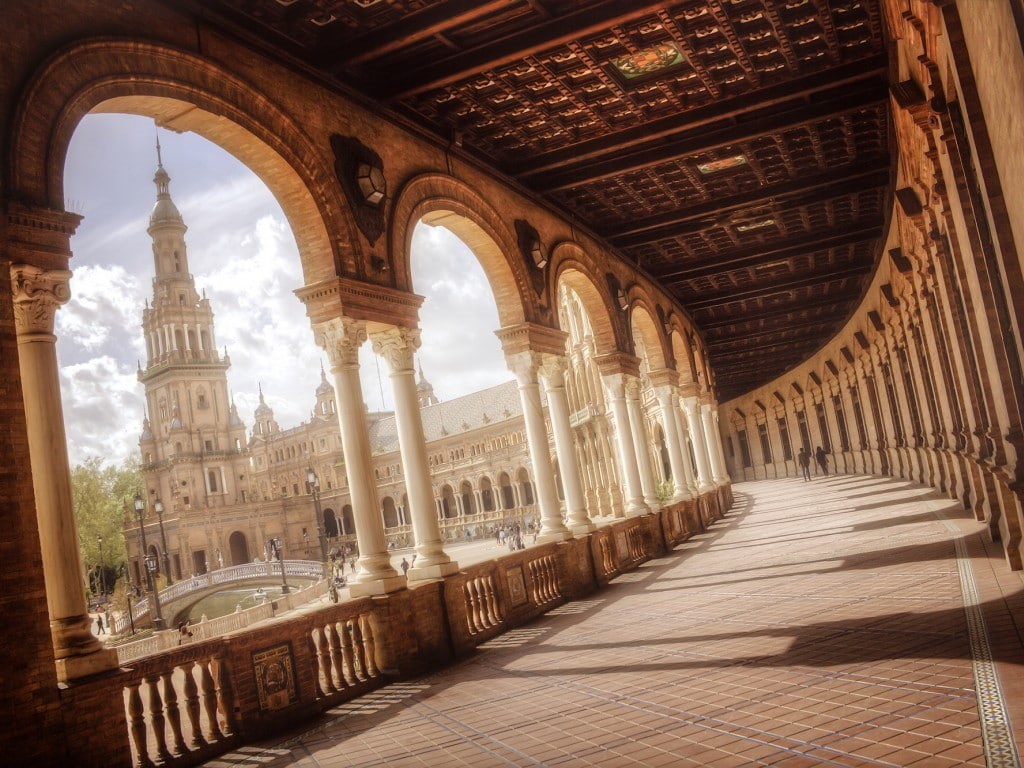 columns, de, fountain, Andalusia, Andalucía, plaza, bridge, Sevilla, espa, people, square, Spain, 480P, Plaza de España, HD Wallpaper