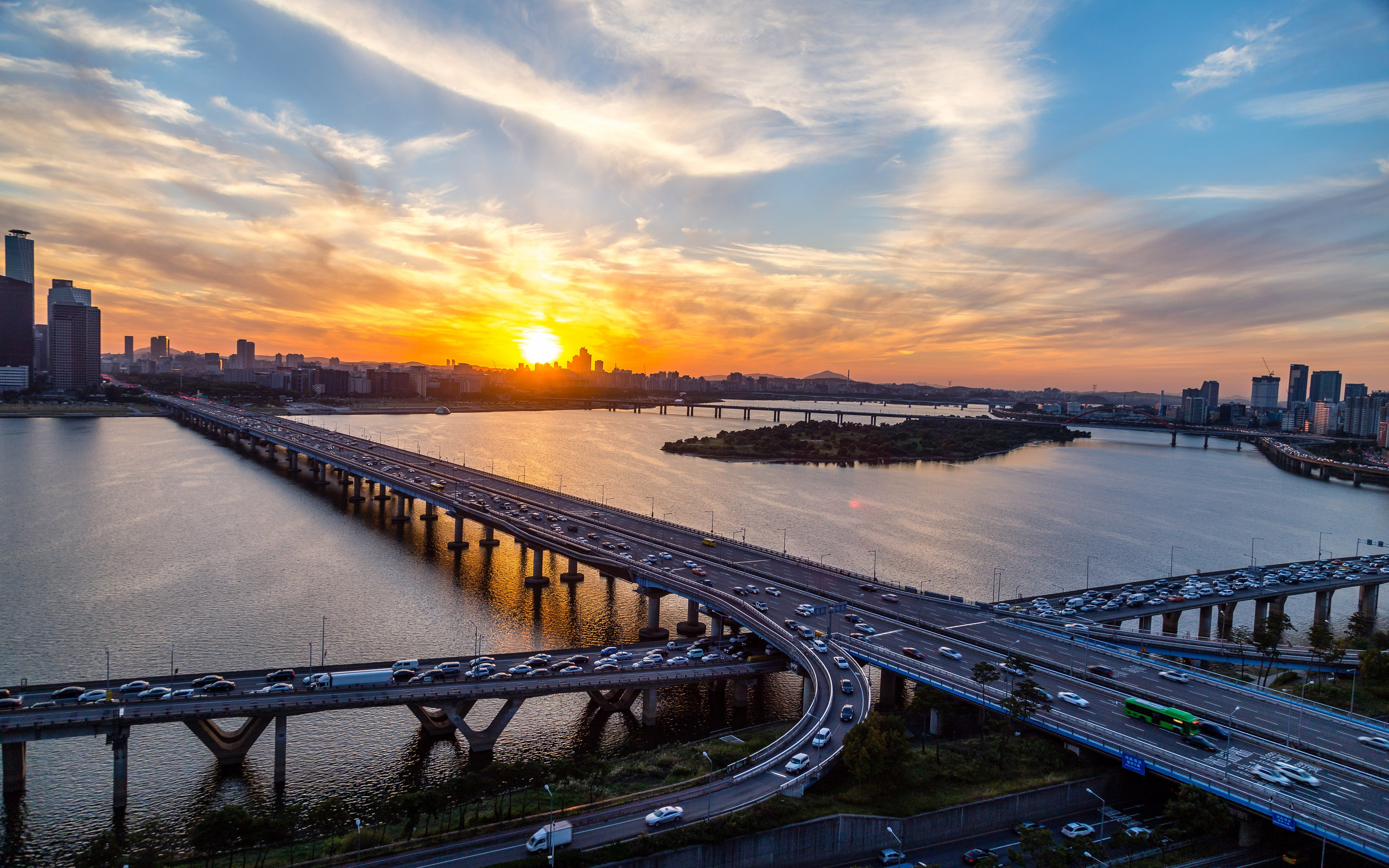 architecture, sunset, street, desktop, south, water, mapo, 5K, cloud - sky, han, bridge, orange color, built structure, river, sky, building exterior, HD Wallpaper