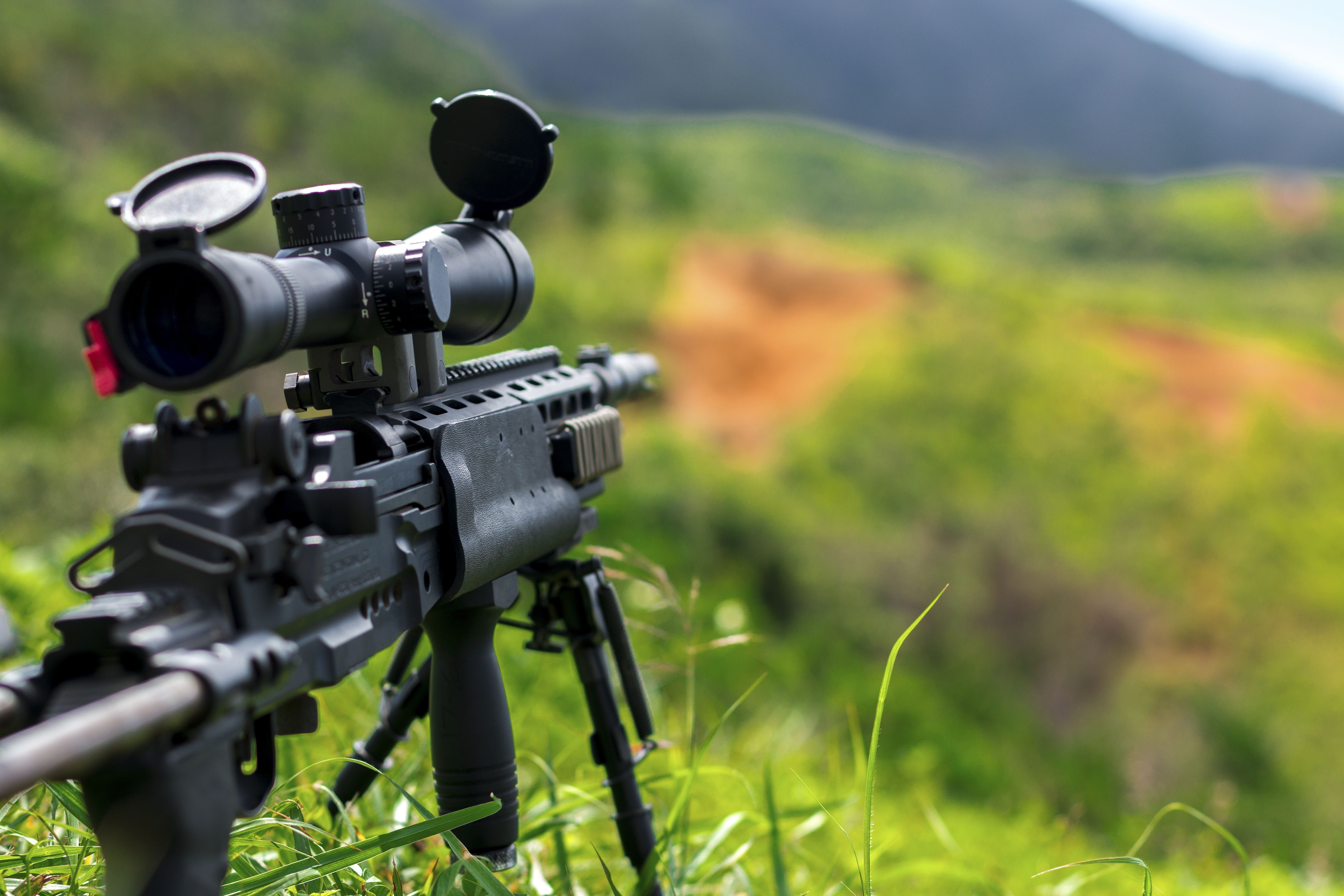 black color, 5K, scope, scenics - nature, equipment, communication, film industry, war, military, filming, land, ammo, broadcasting, photography themes, HD Wallpaper
