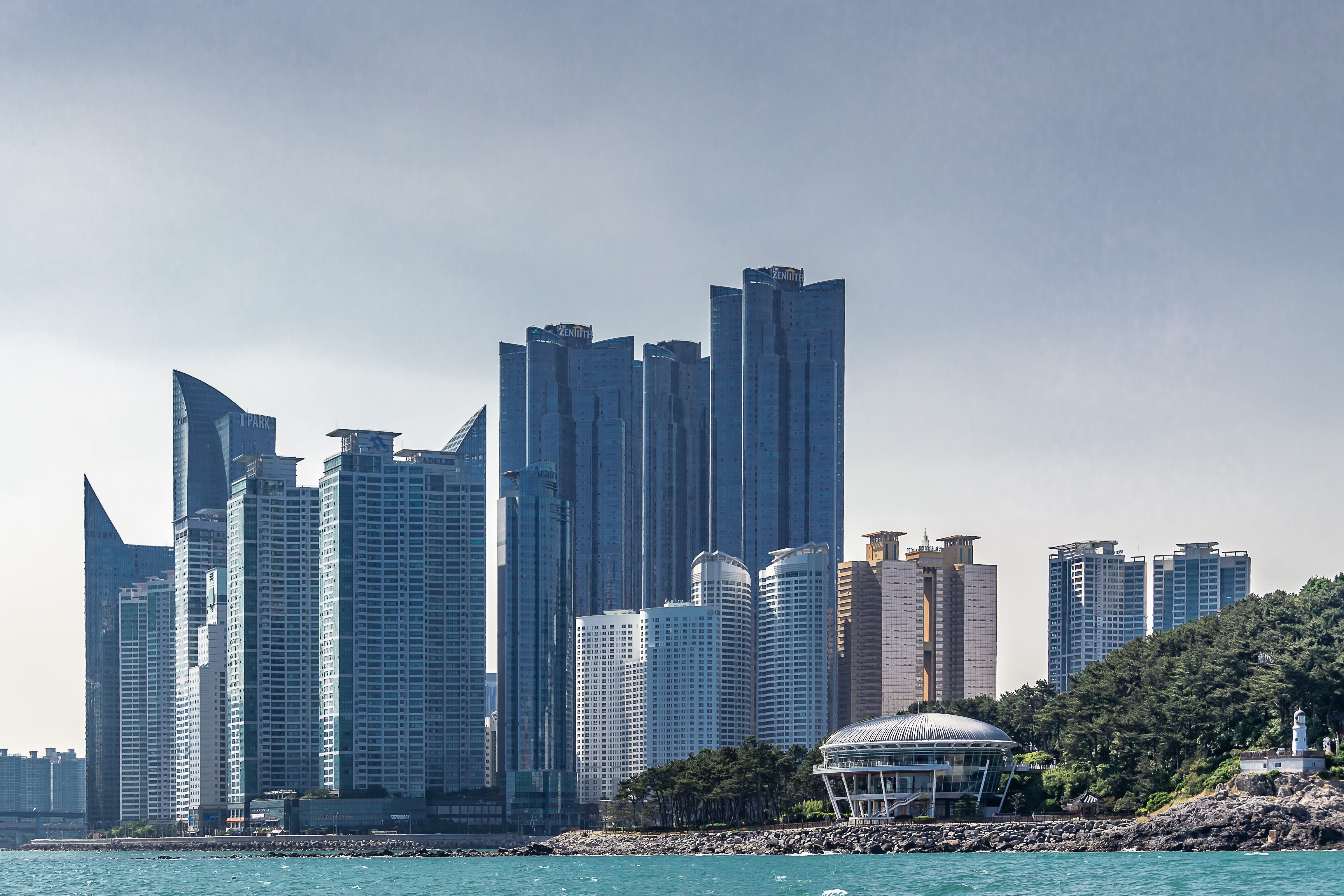 haeundae beach, 4K, no people, skyscraper, cityscape, water, nature, office building exterior, built structure, nuri flooring, sky, sea, modern, office, HD Wallpaper
