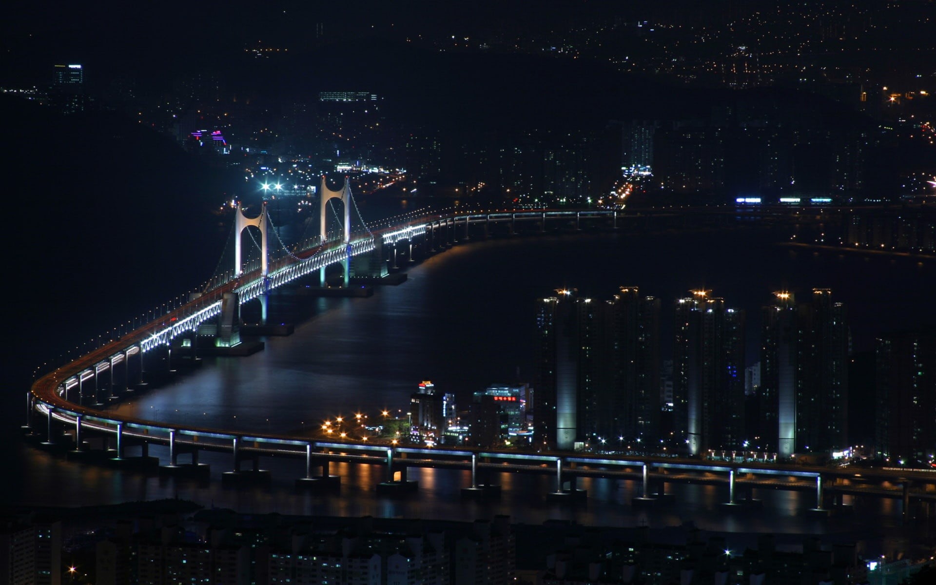 landscape, bridge - Man Made Structure, building exterior, river, travel, republic of korea, reflection, busan, night, haeundae beach, travel destinations, HD Wallpaper