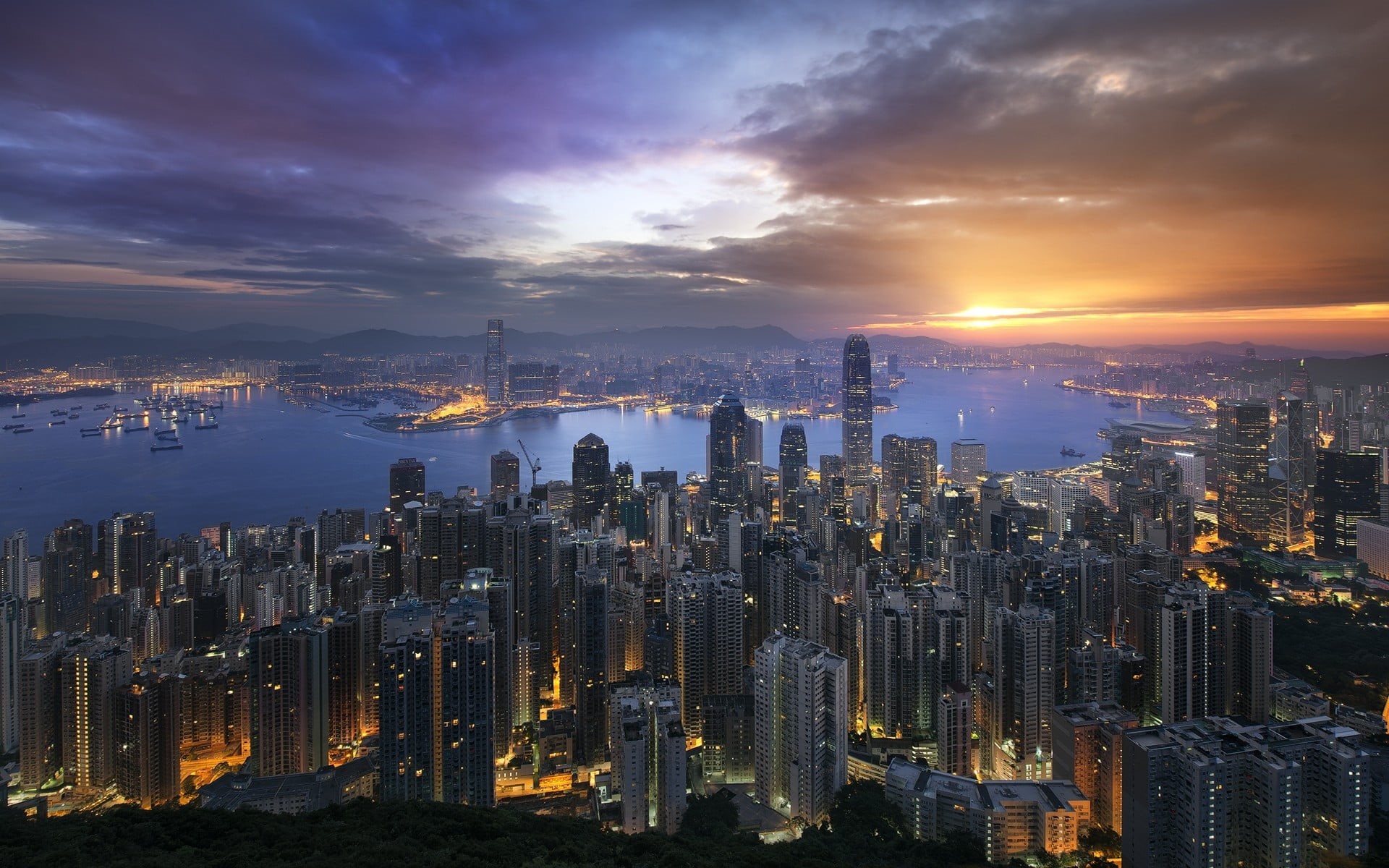financial district, Hong Kong, sunset, urban skyline, nature, illuminated, building exterior, crowd, outdoors, building, lights, modern, sky, crowded, photography, HD Wallpaper