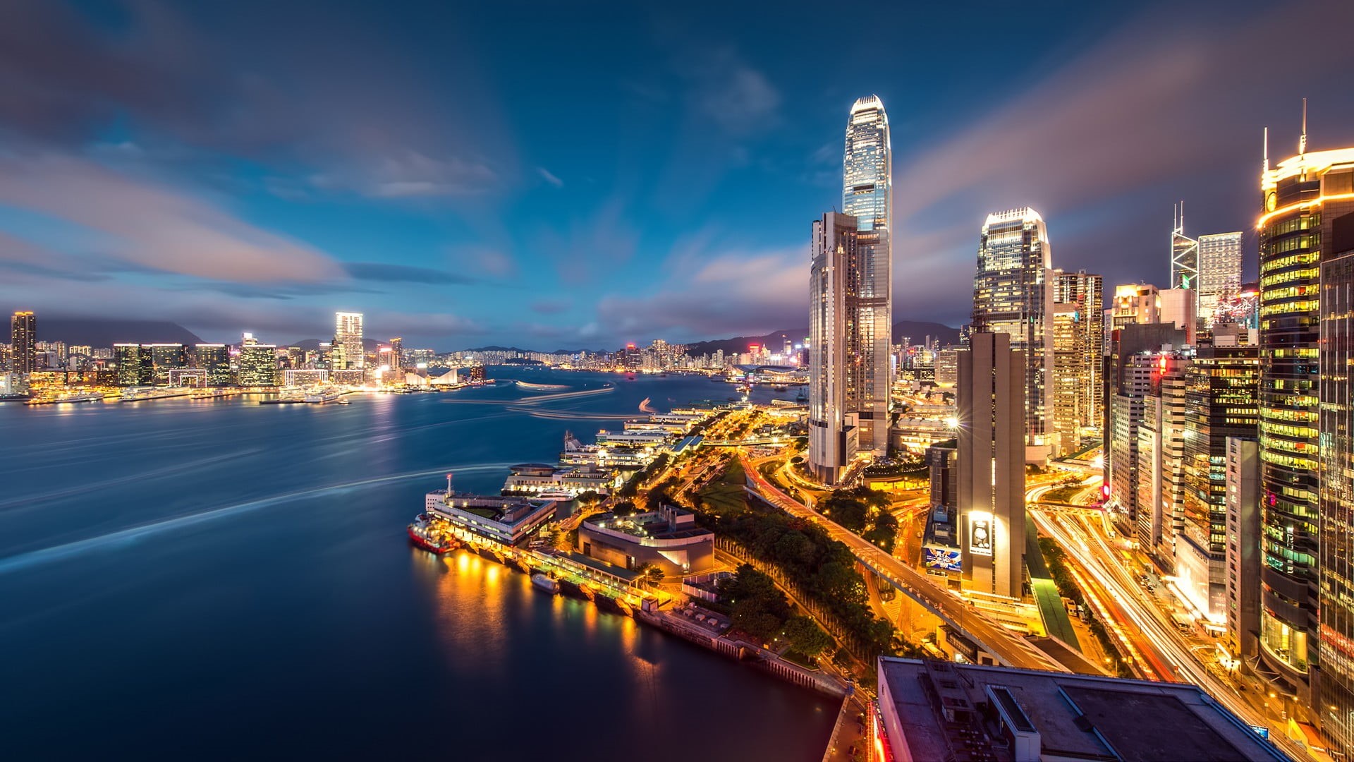 illuminated, cloud - sky, office building exterior, Hong Kong, building exterior, financial district, sky, building, water, long exposure, digital, HD Wallpaper