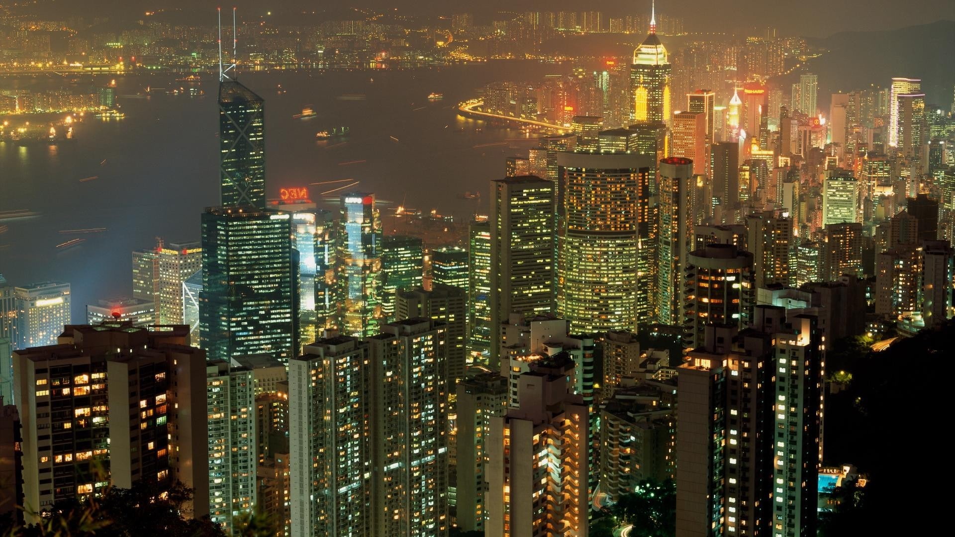 kong, 1080P, hong, buildings, night, hd, cityscape, skyscrapers, HD Wallpaper
