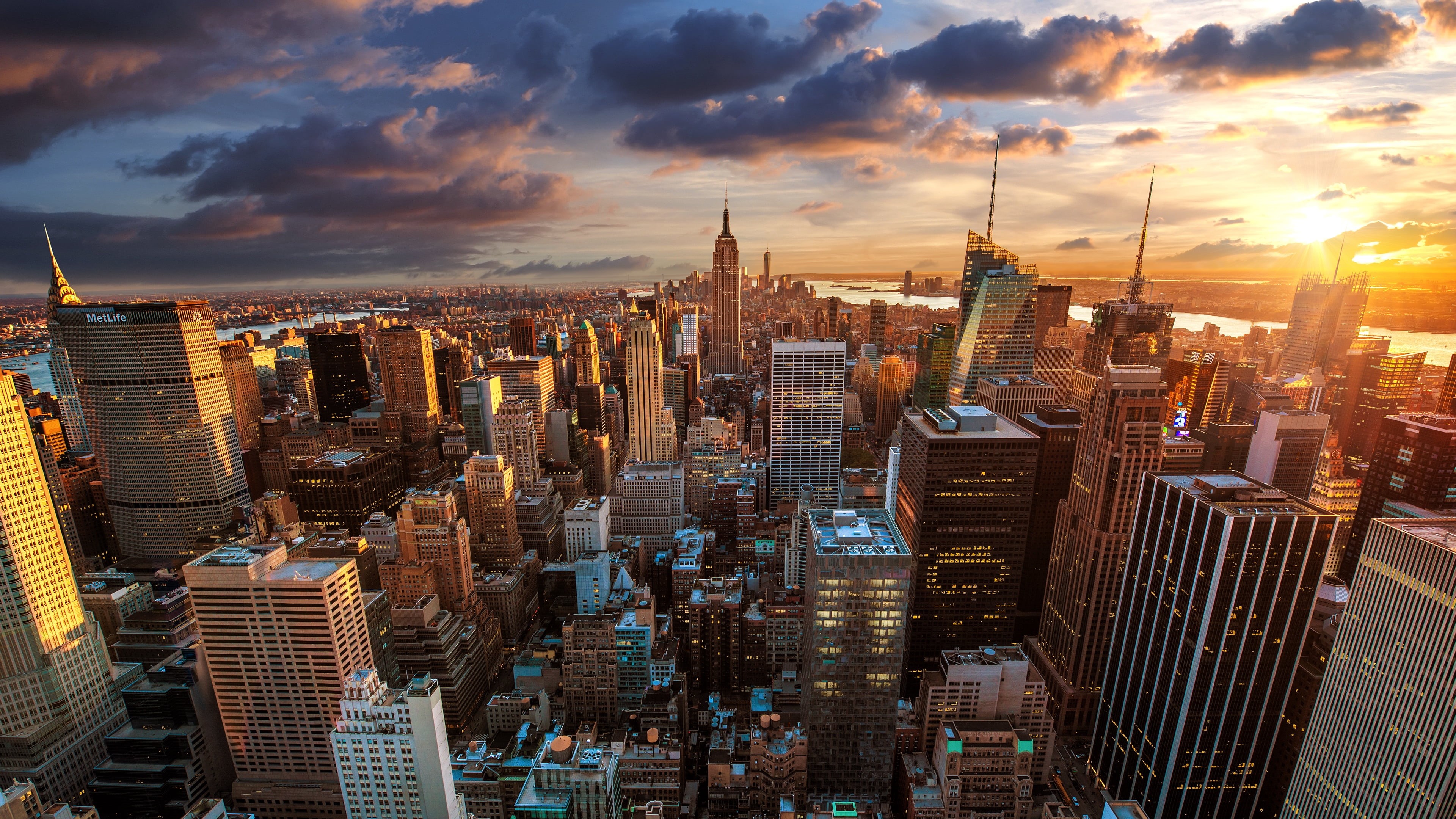 downtown district, skyscraper, cityscape, spire, sunset, built structure, 4K, buildings, metropolis, rise, office building exterior, black, new york, view from above, HD Wallpaper