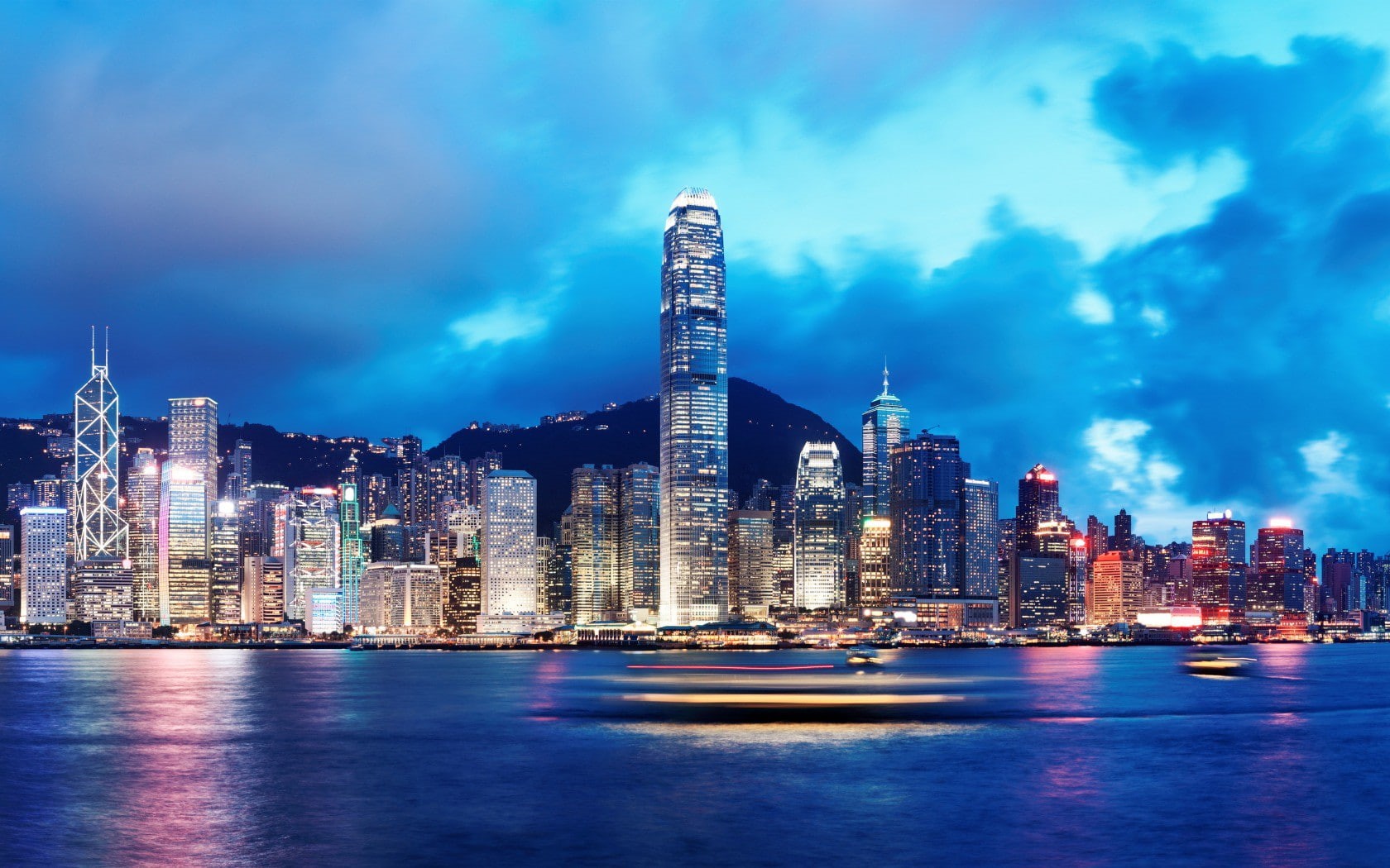Sea, river, lights, sky, Buildings, Hong Kong, Nature, 720P, city, ships, Night, China, Skyline, kong, hong, clouds, HD Wallpaper