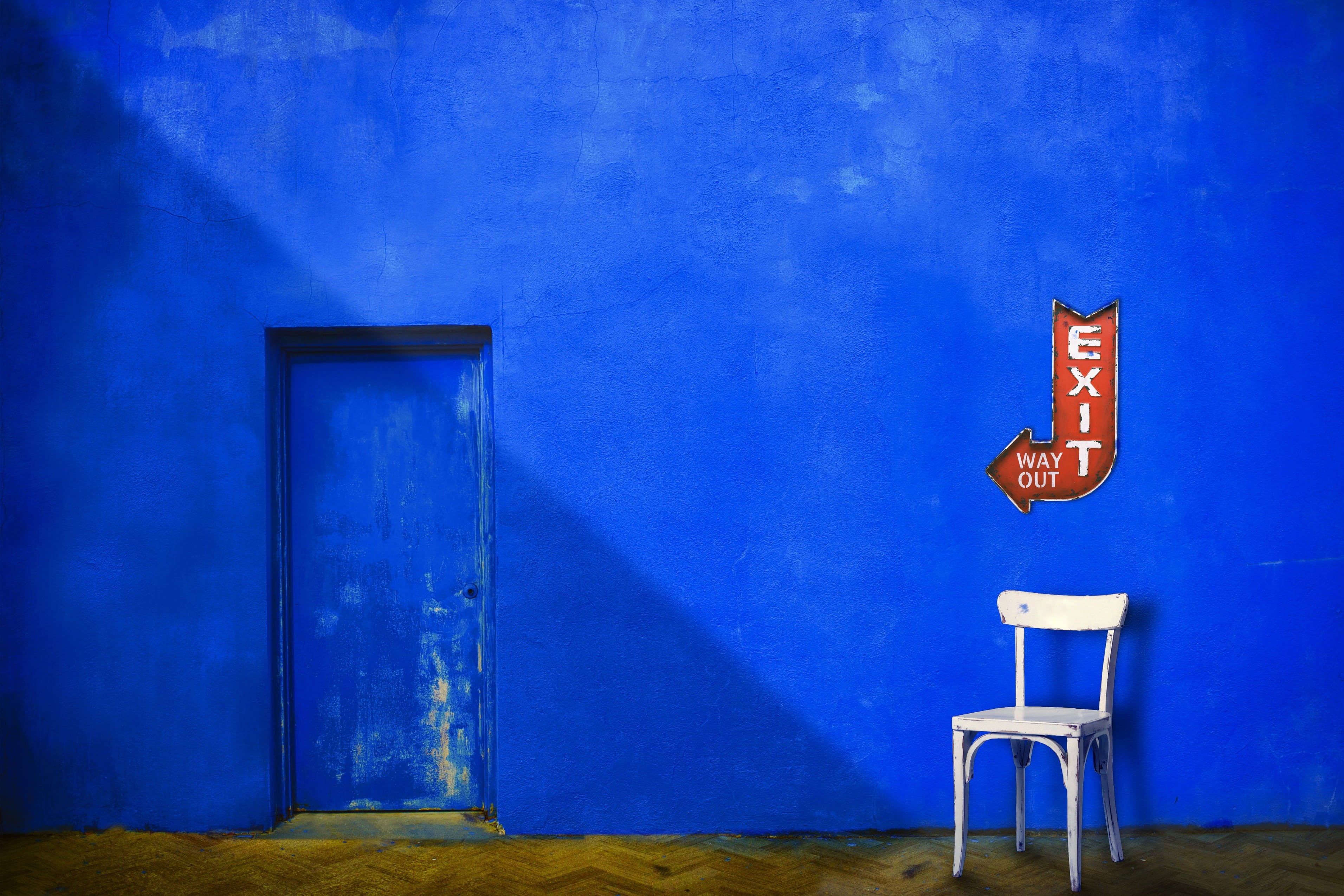 seat, architecture, exit, nature, built structure, chairs, door, 2K, doors, night, wall, wall - building feature, colour, chair, communication, blue, city and Urban, HD Wallpaper