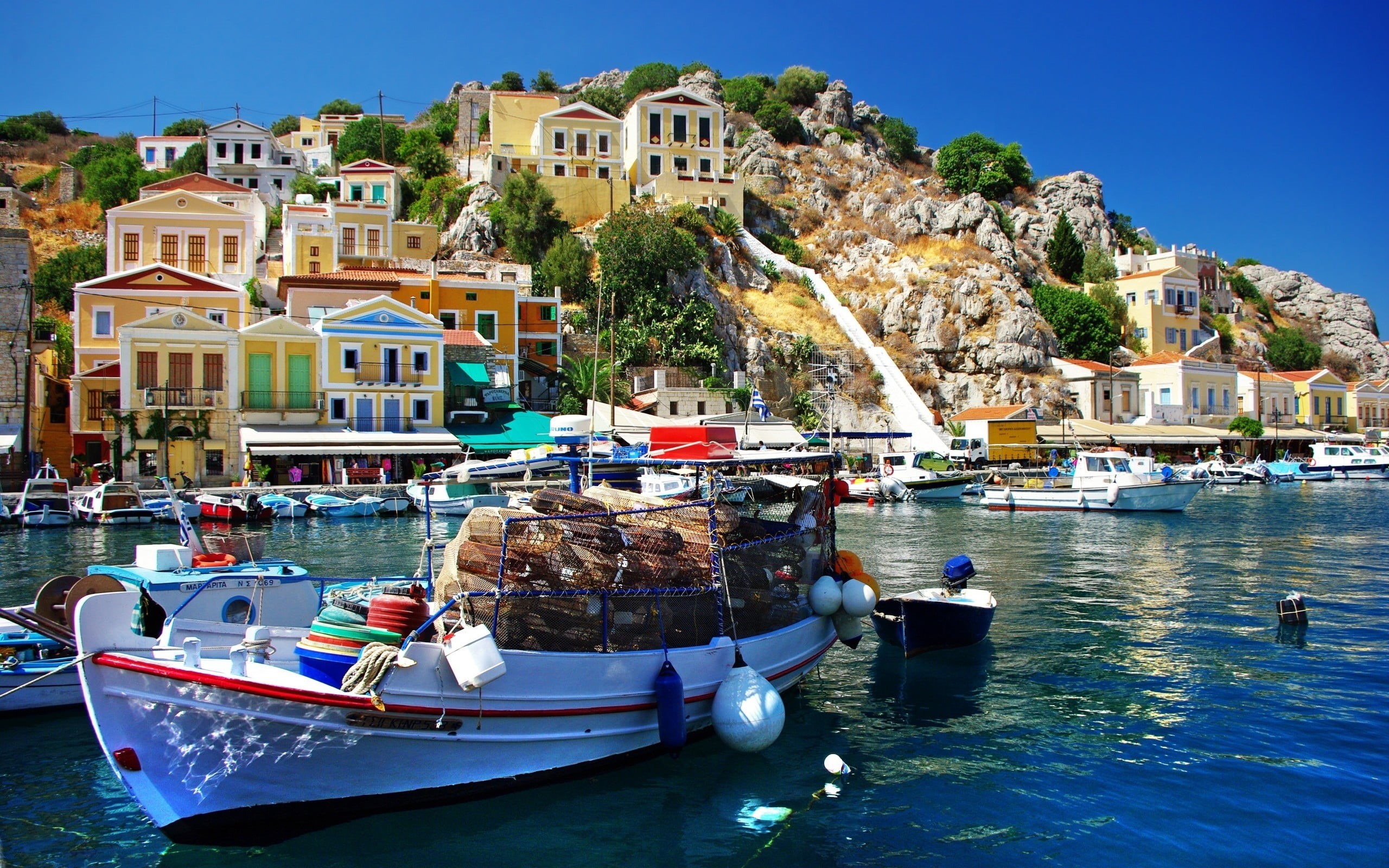 mediterranean Sea, fishing Industry, sea, day, vacations, sailboat, sunlight, bay Of Water, marina, city, italy, greece, 2K, color Image, sky, tourist, HD Wallpaper