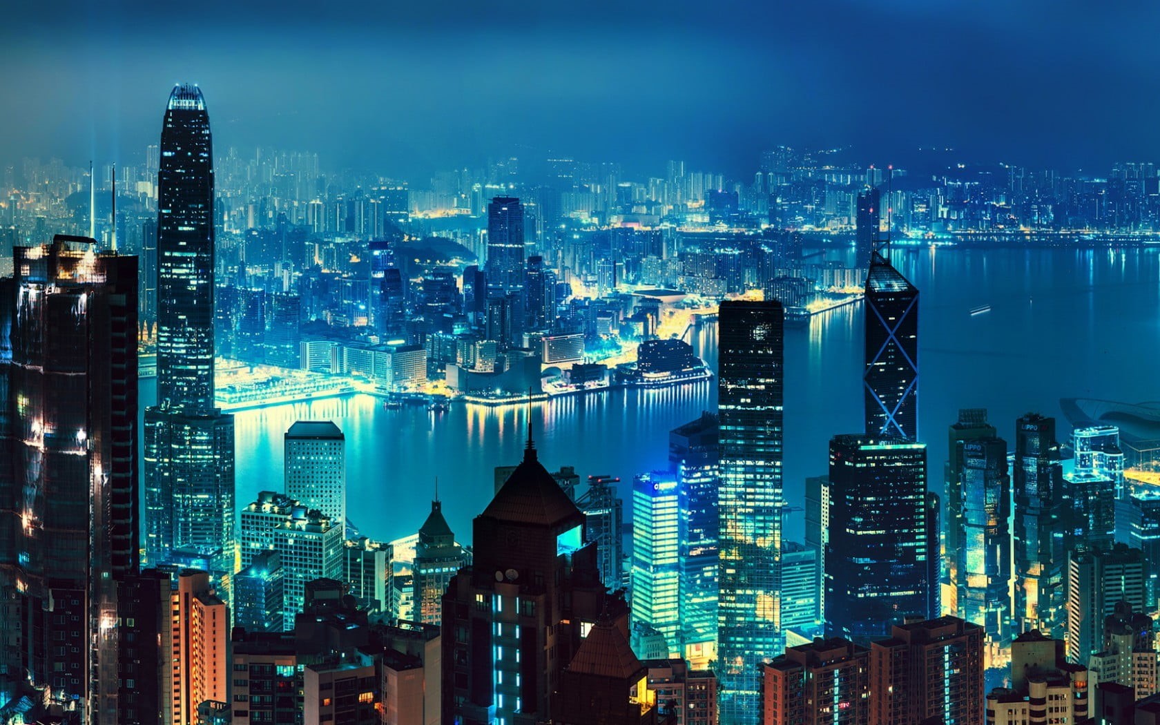skyscraper, illuminated, 720P, water, office building exterior, no people, office, urban skyline, residential district, Hong Kong, landscape, building, HD Wallpaper