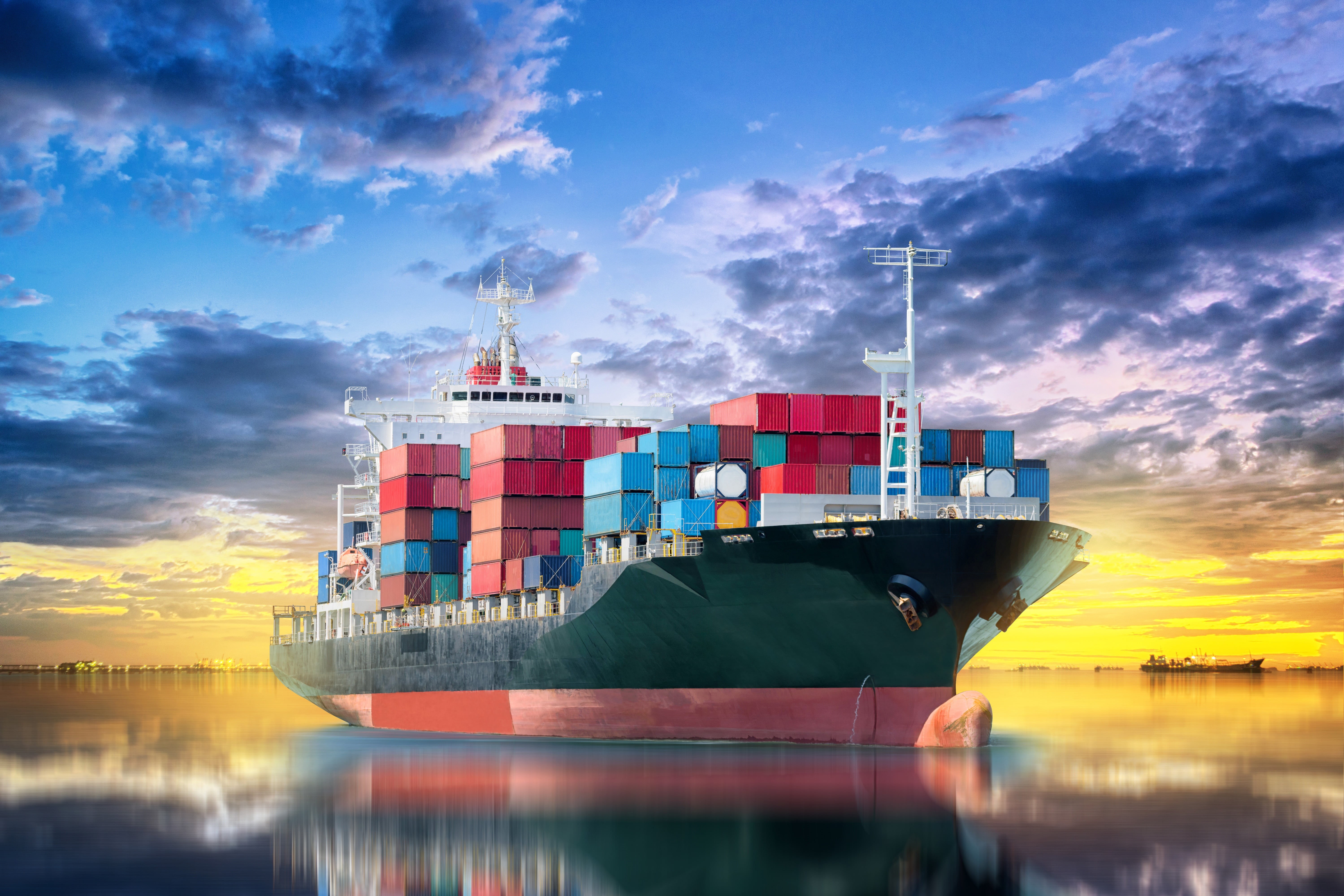 shipping cargo container transportation, ., sea, marine, bokeh, 5K, blur, sky clouds, summer, horizon, port, cargo ship, sky, the cargo ship, the sea calm, HD Wallpaper