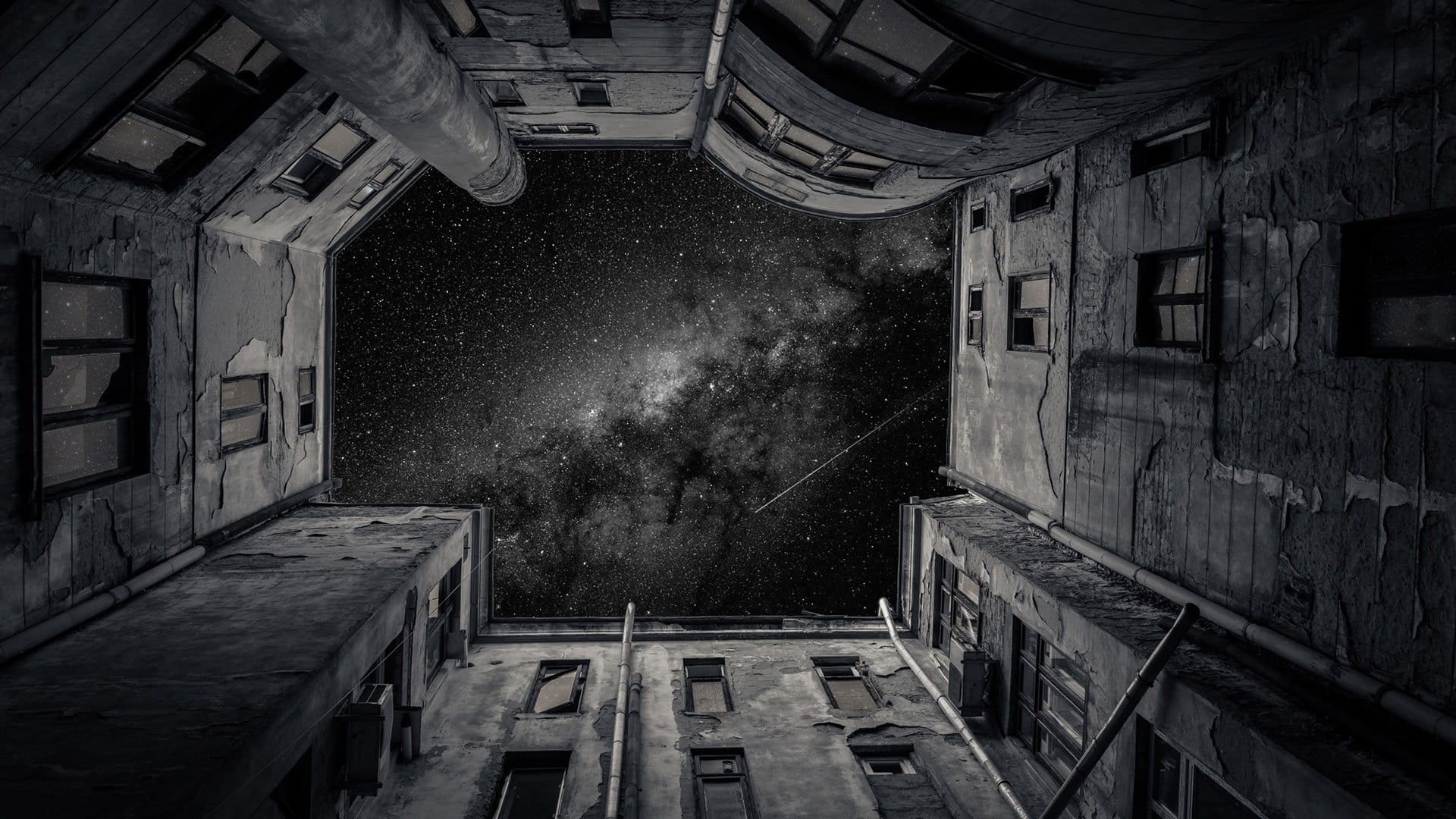 1080P, night, building, abandoned, photography, house, architecture, no people, space, plant, nighttime, tree, built structure, galaxy, city, sky, stars, HD Wallpaper