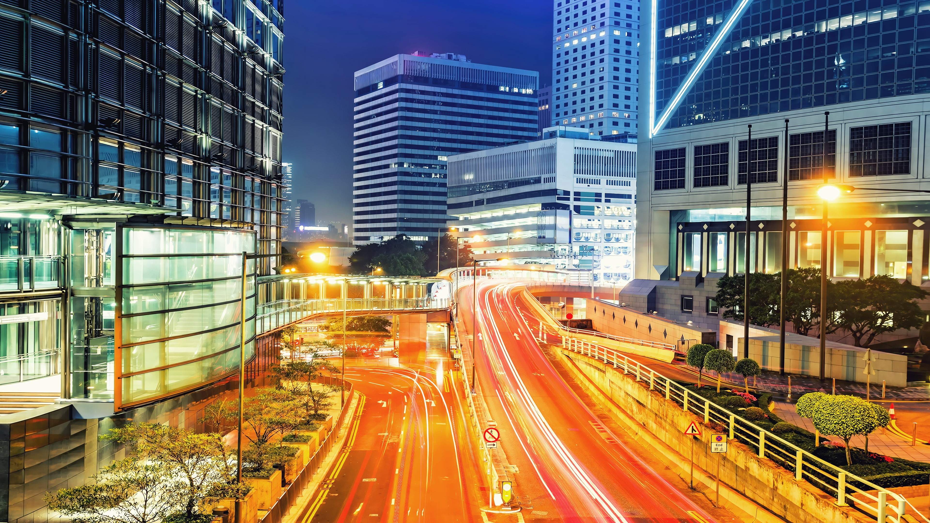 road, city, office building exterior, night, modern, financial district, Hong Kong, architecture, no people, building exterior, light, city life, transportation, HD Wallpaper