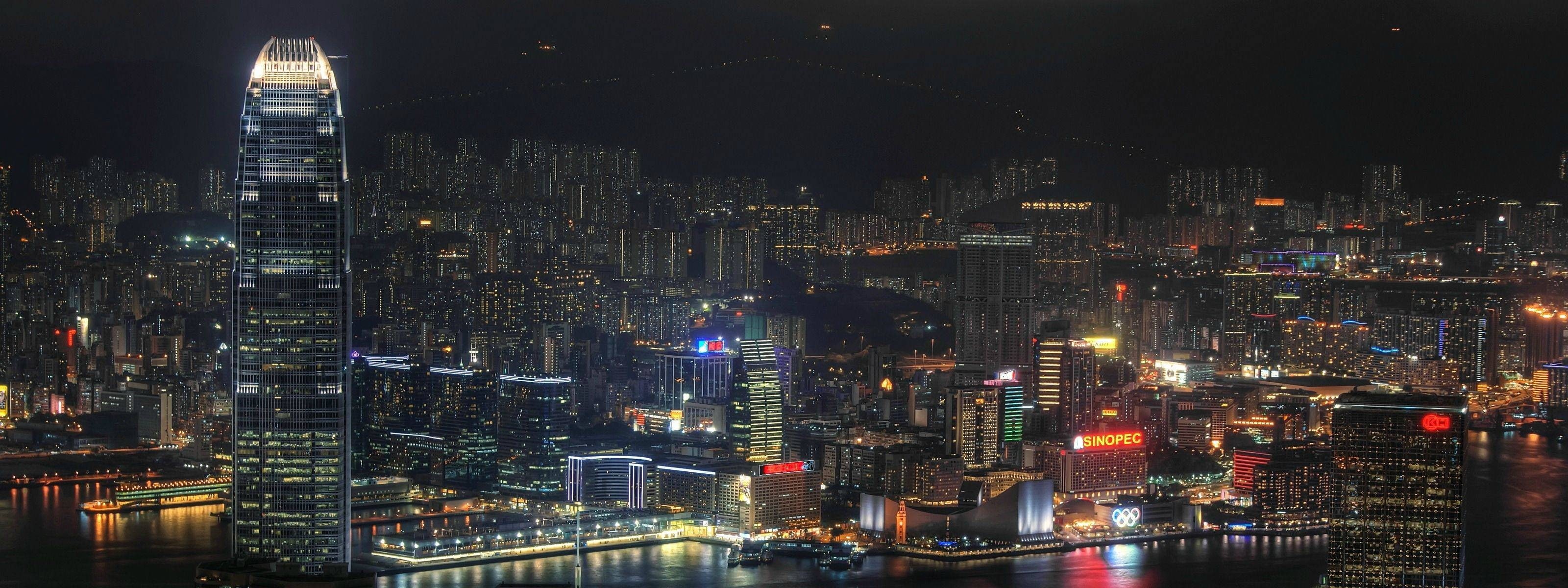 financial district, Hong Kong, landscape, downtown district, nightlife, China, built structure, night, 2K, sky, modern, skyscraper, tower, development, HD Wallpaper