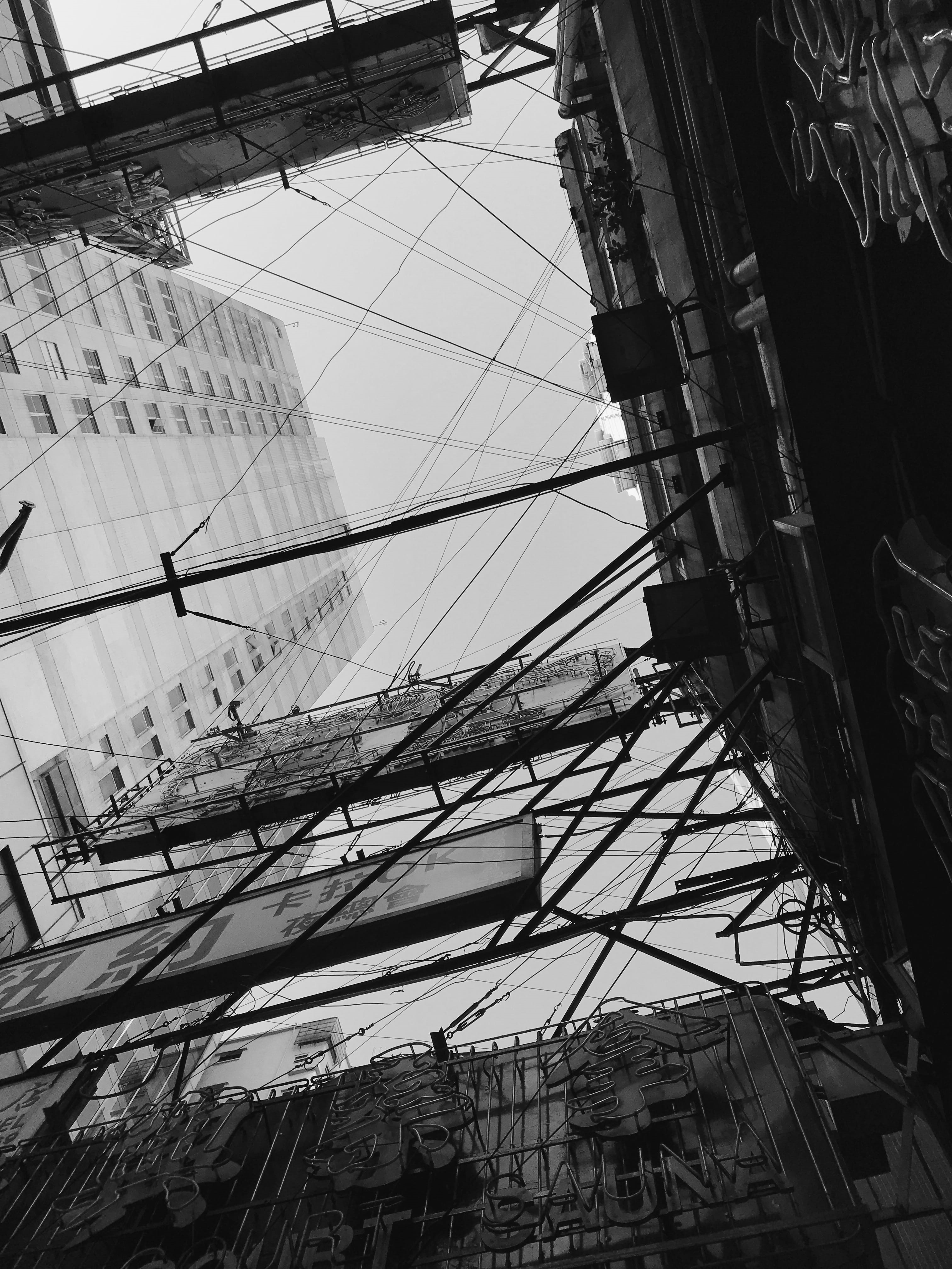 electricity, built structure, no people, 4K, kowloon, power supply, mode of transportation, complexity, lines, hong kong, neon sign, power line, outdoors, Phone HD Wallpaper