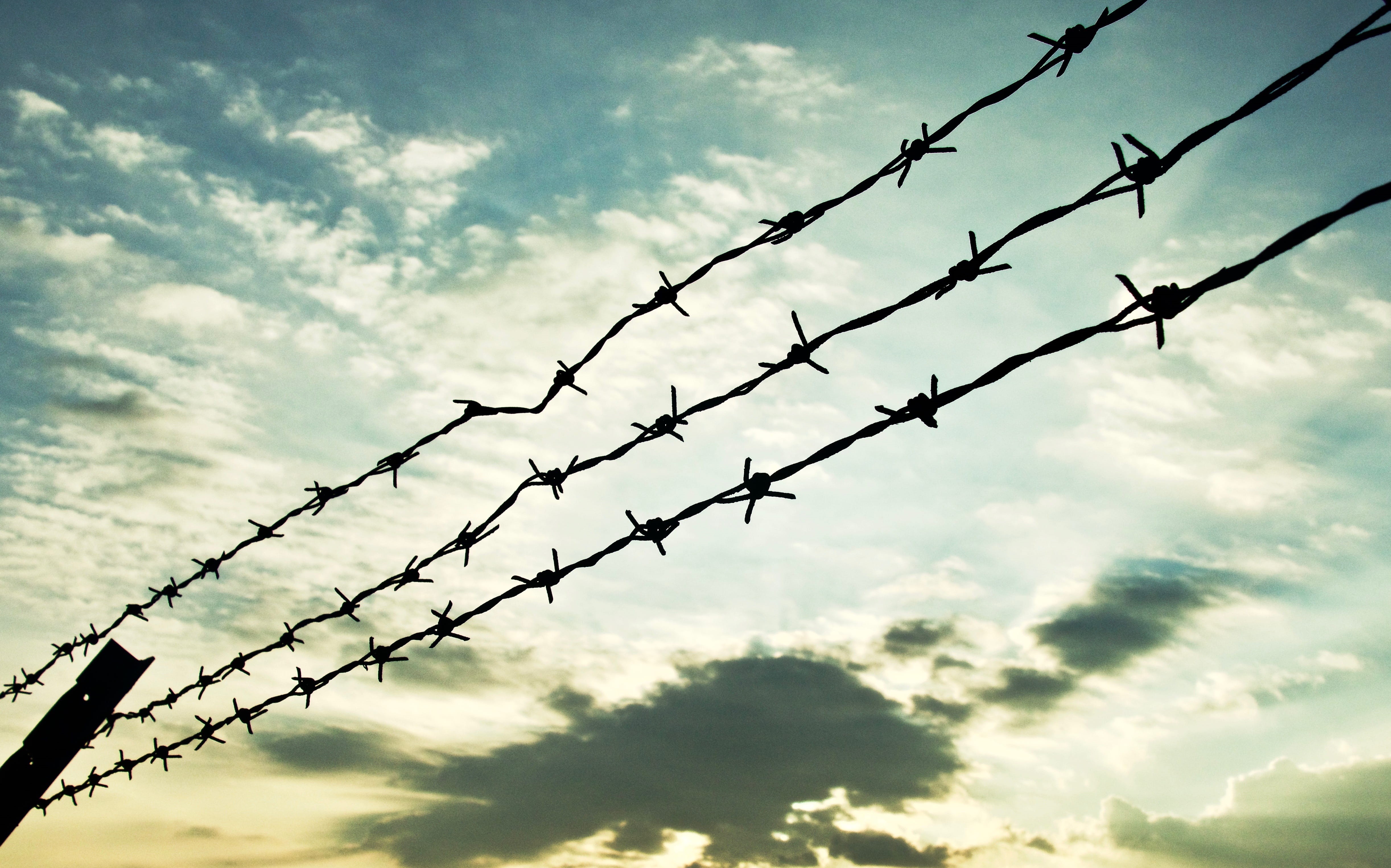 metal, no people, hong kong, wire, sign, sharp, barrier, silhouette, day, nature, outdoors, sky, security, warning sign, barbed wire, west kowloon terminus, HD Wallpaper
