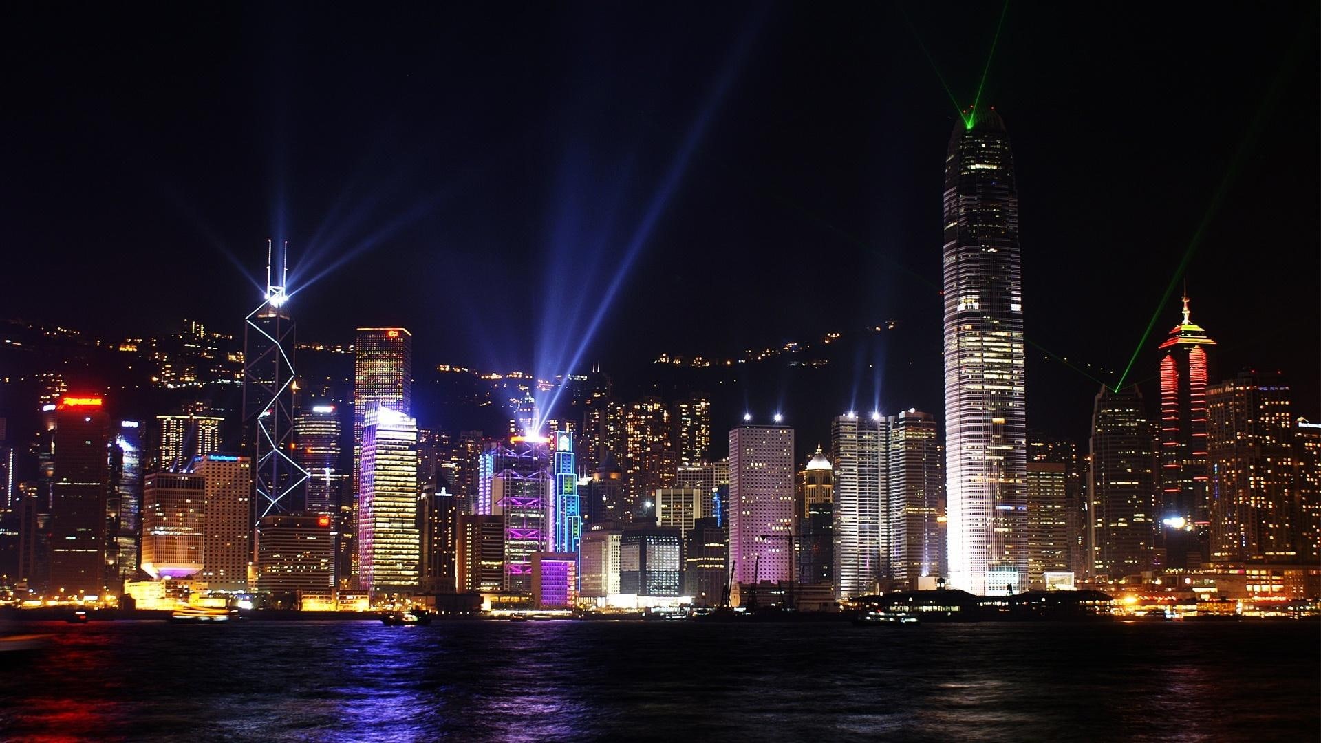 beautiful, 1080P, lights, architecture, night, water, kong, animals, skyscrapers, hong kong, china, hong, city, HD Wallpaper