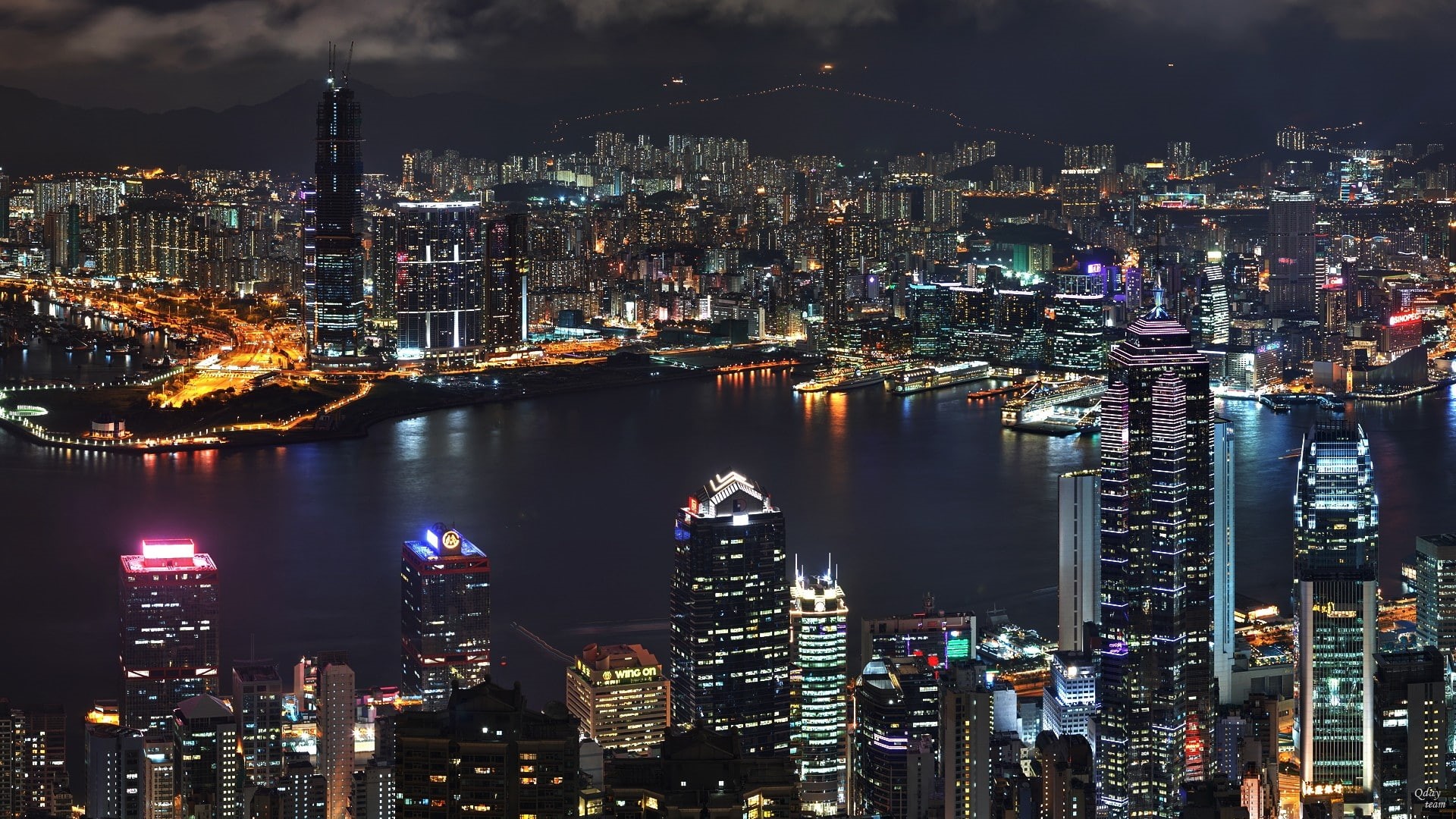 skyscrapers, view, asia, ultra, river, kong, night, hd, top, hong, 1080P, lights, HD Wallpaper