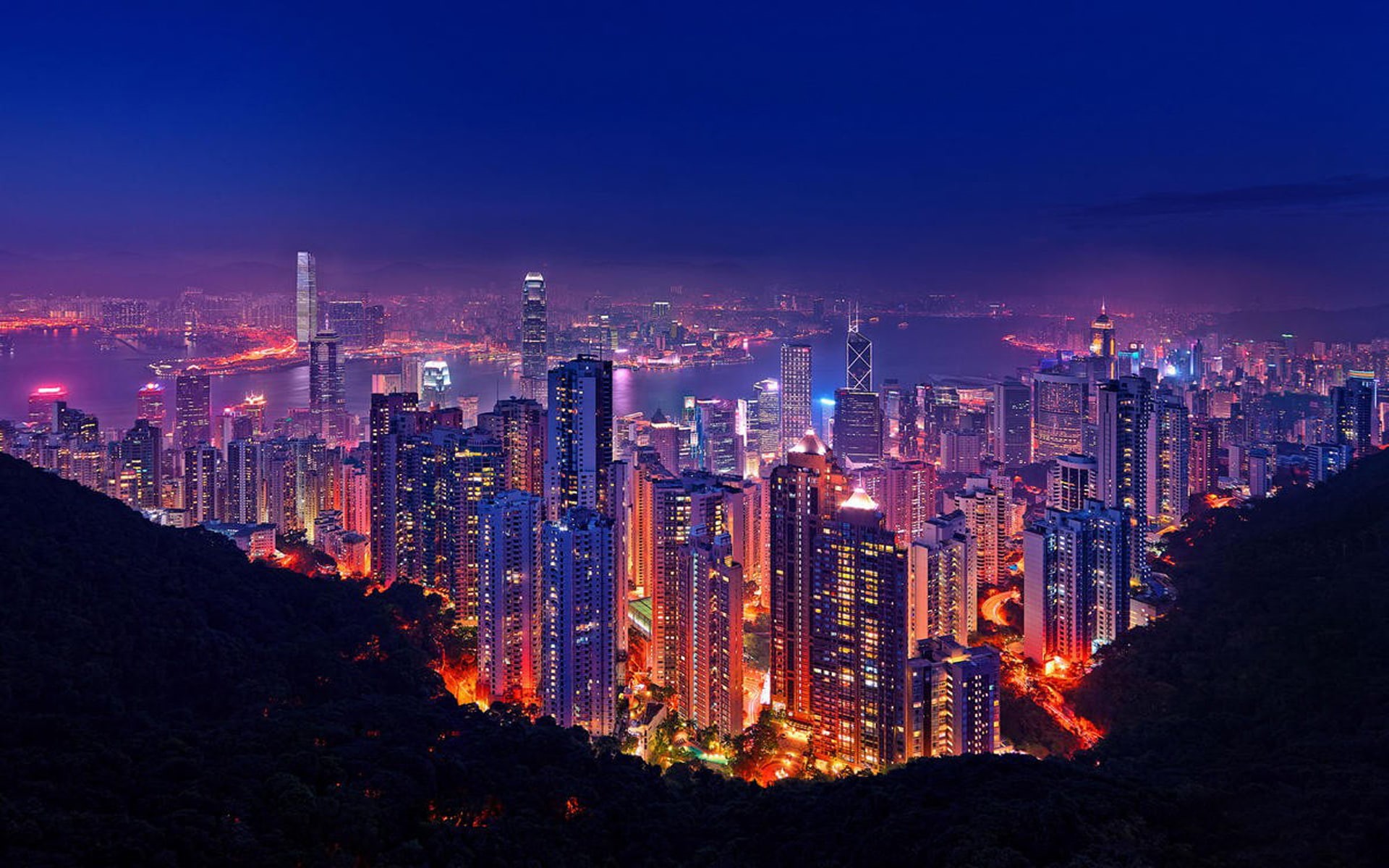 1080P, lighting, desktop, night, buildings, port, hong, skyscrapers, kong, HD Wallpaper