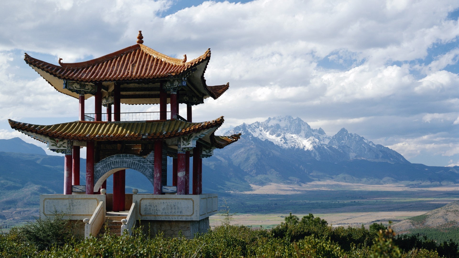 building, belief, mountain, shrine, outdoors, snowcapped mountain, religion, spirituality, yunnan (china), built structure, mountains, tranquility, landscape, HD Wallpaper