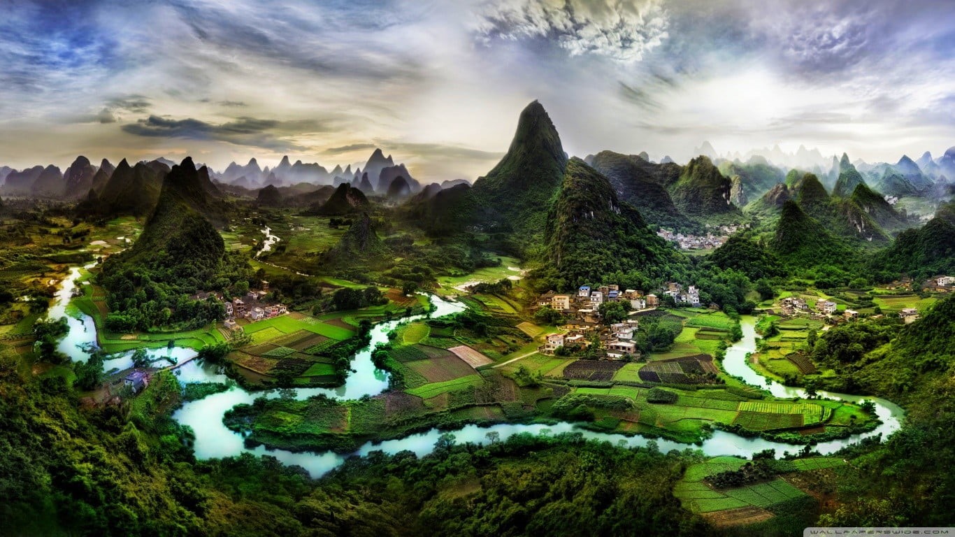 growth, cloud - sky, scenics - nature, landscape, river, mountain range, no people, sky, environment, land, tranquil scene, China, plant, outdoors, agriculture, HD Wallpaper