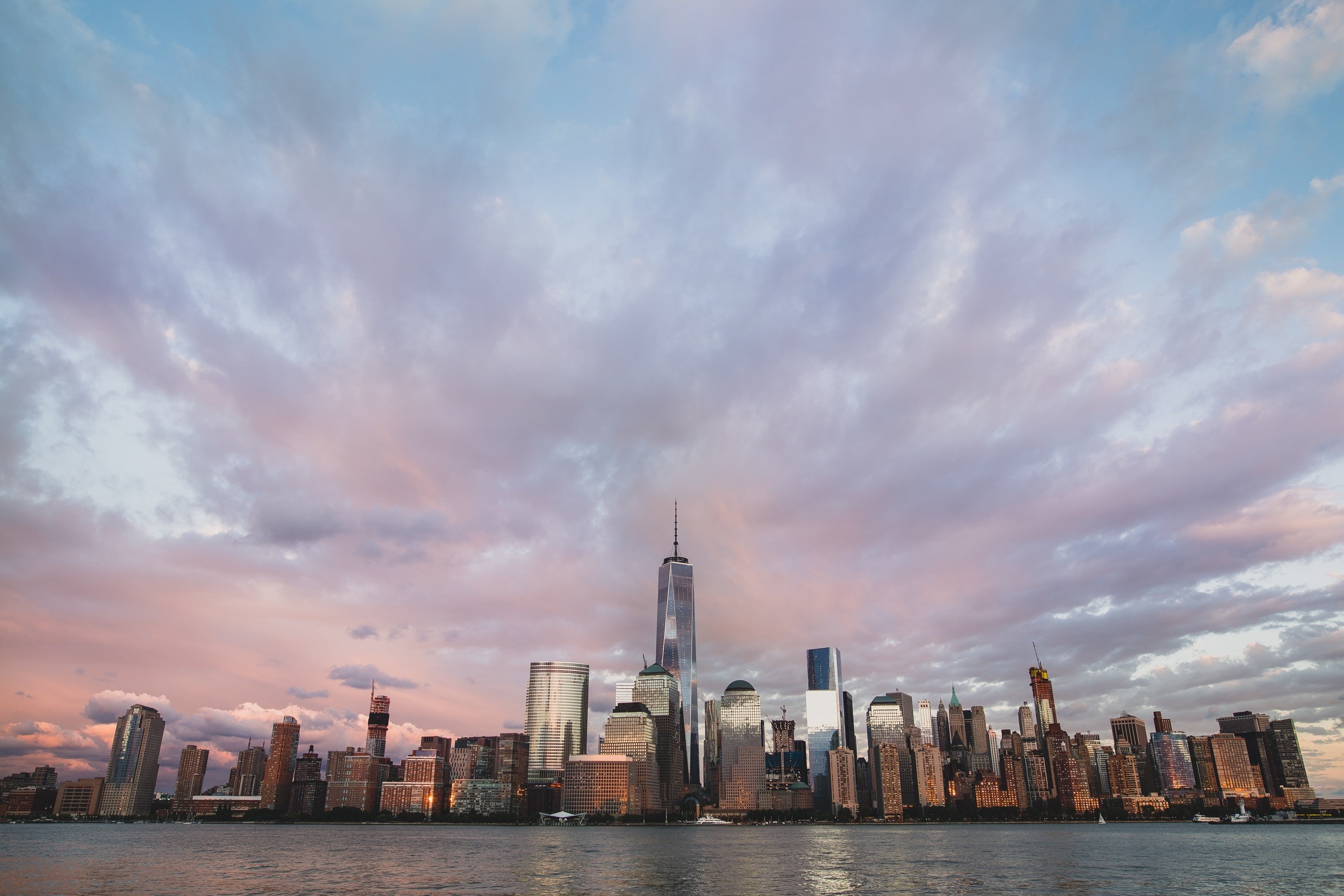 dom Tower, One World Trade Center, waterfront, architecture, skyscraper, New York City, financial district, nature, skyline, water, office building exterior, HD Wallpaper